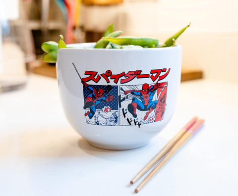 Silver Buffalo Spider-Man bowl beside a cup to show 20oz scale and portion guidance