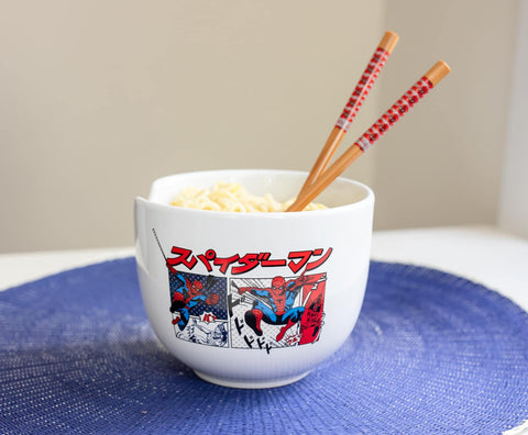 Silver Buffalo Spider-Man bowl paired with chopsticks for authentic noodle enjoyment