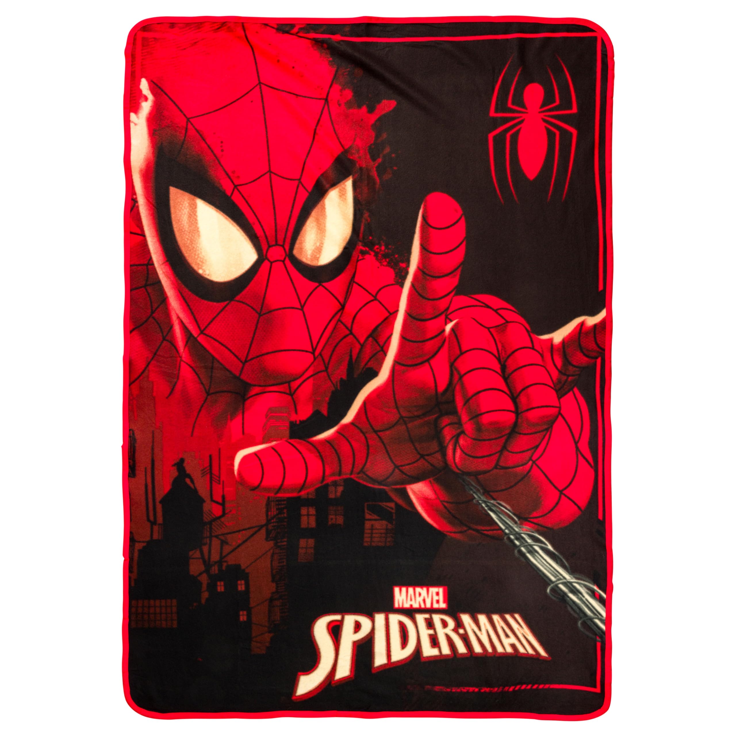 Silver Buffalo Spider-Man front view blanket showing bold web-shooter graphic and cozy look