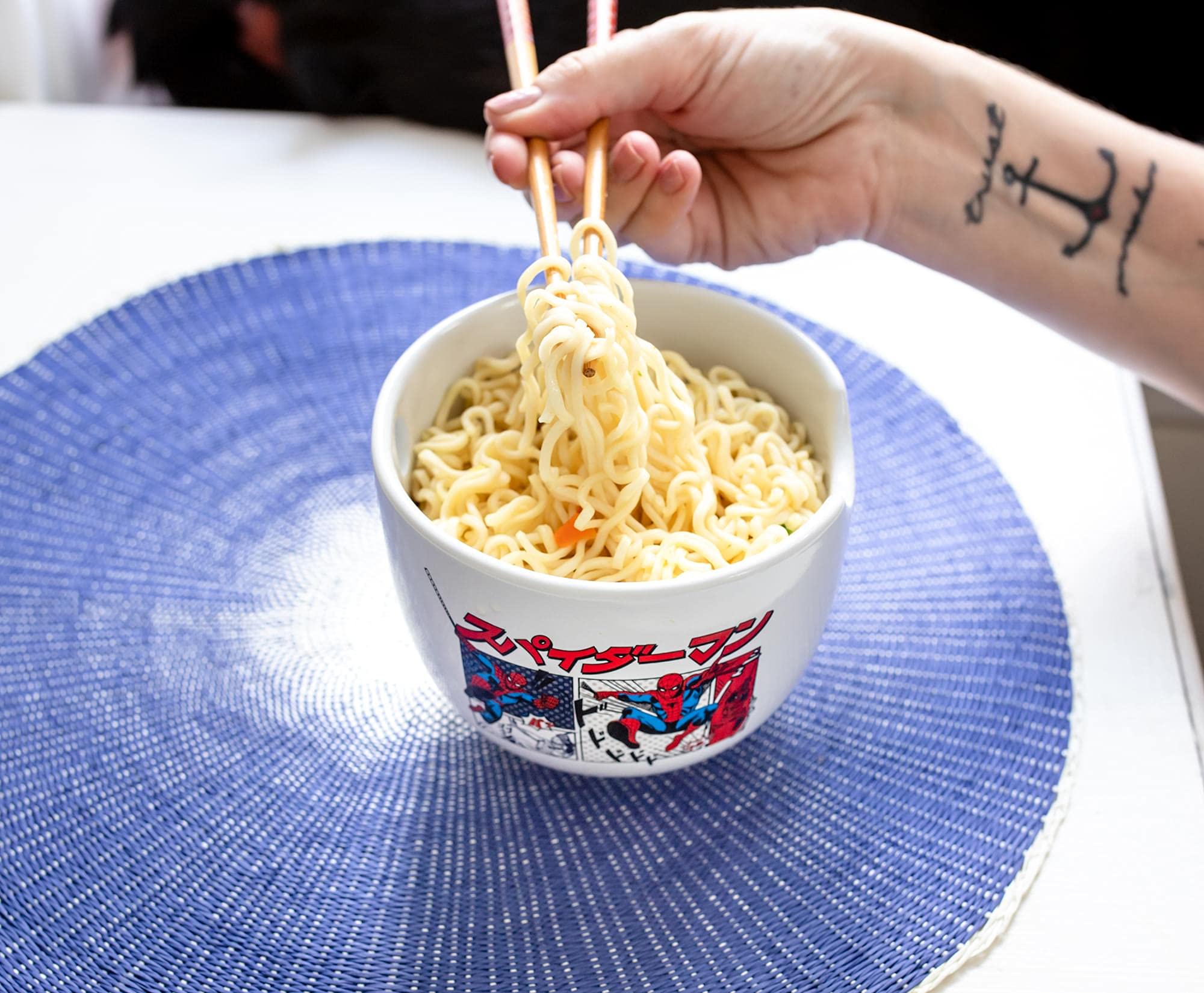 Silver Buffalo Spider-Man bowl serving ramen in a kitchen to inspire mealtime fun