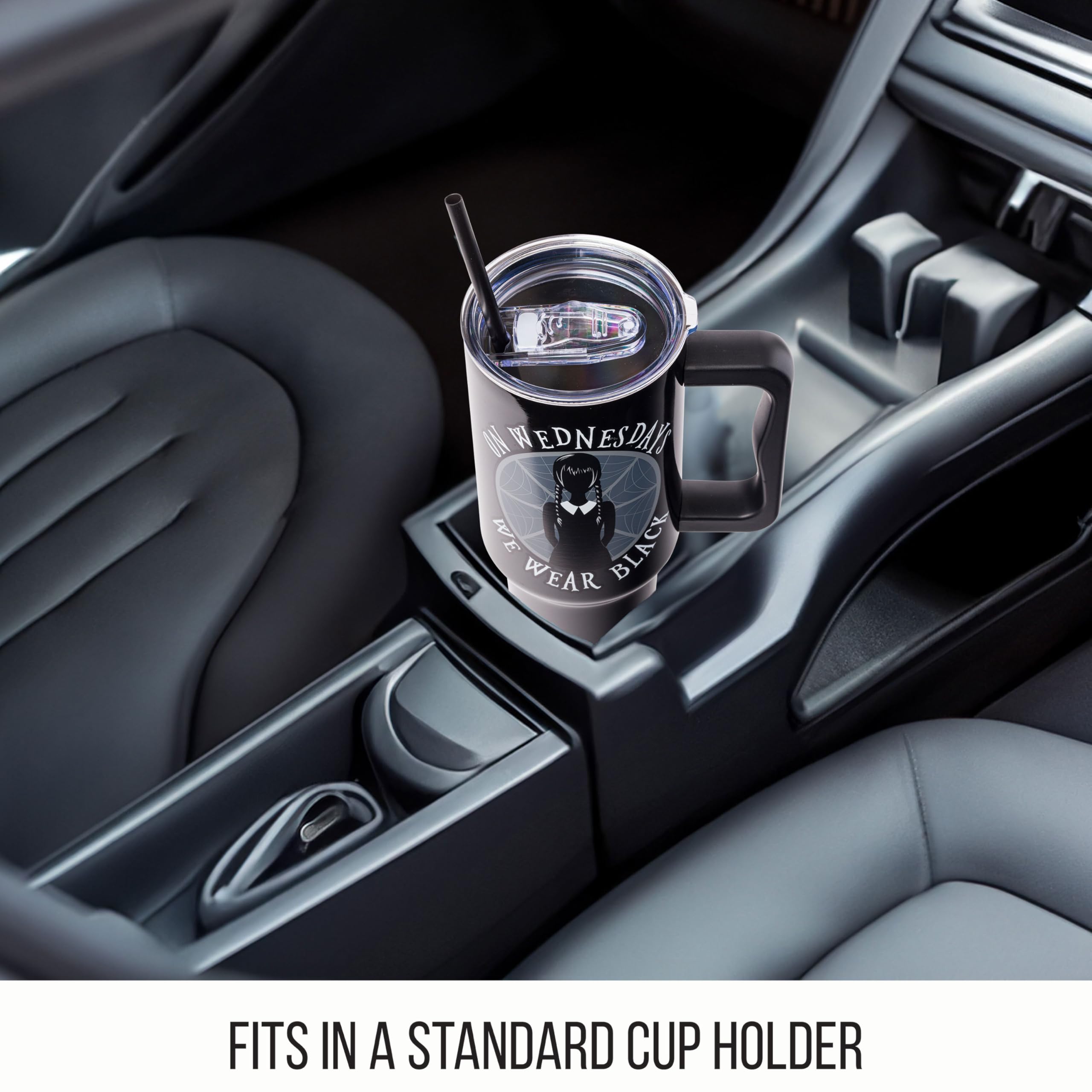 Silver Buffalo tumbler in car cupholder, Wednesday design and handle for travel