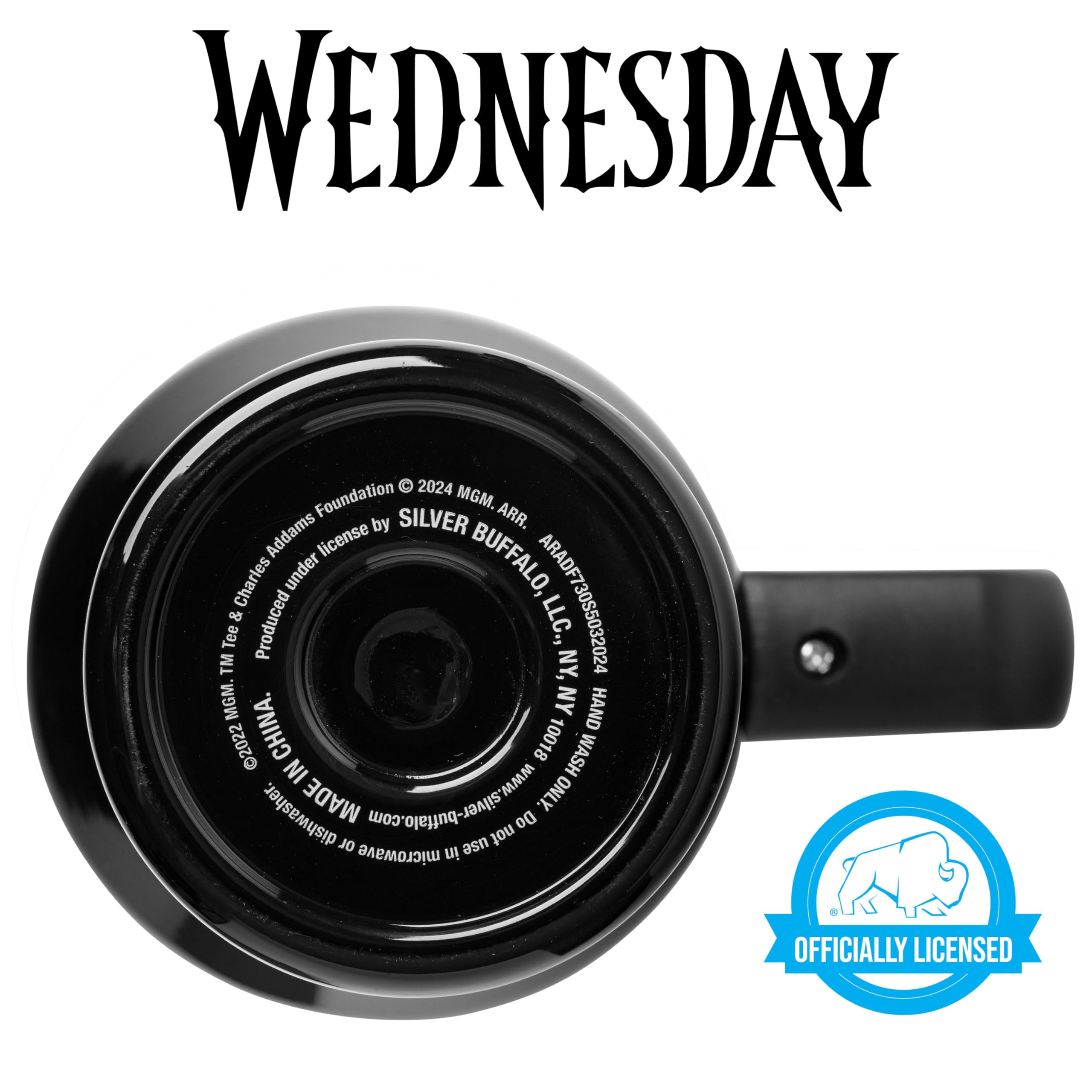 Silver Buffalo tumbler on picnic blanket, Wednesday motif enhances outdoor style