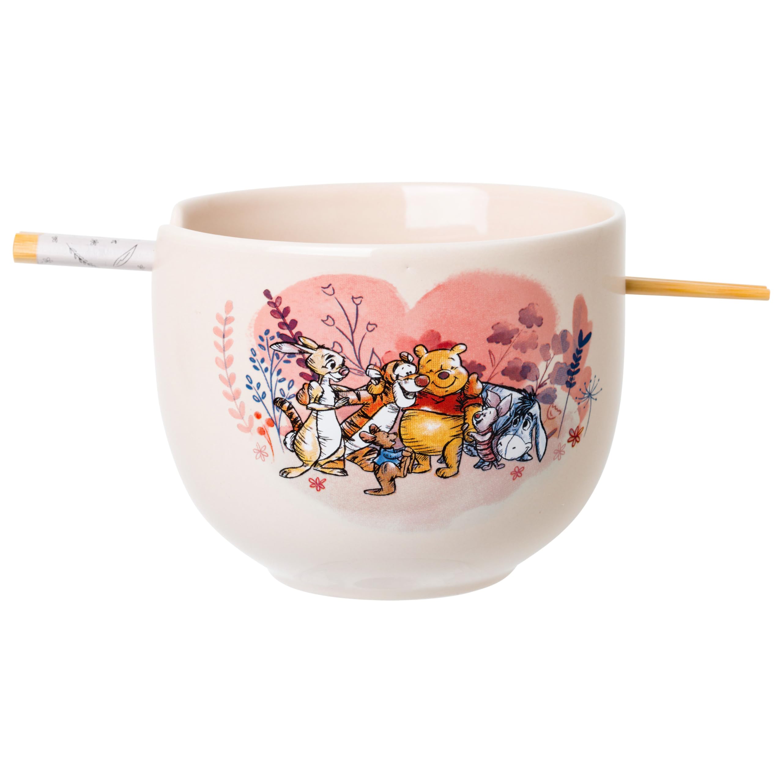 Silver Buffalo bowl front view showing Pooh group hug and cheerful design for playful meals