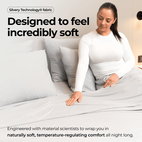 Silvery fitted sheet deep pocket detail demonstrating secure mattress fit