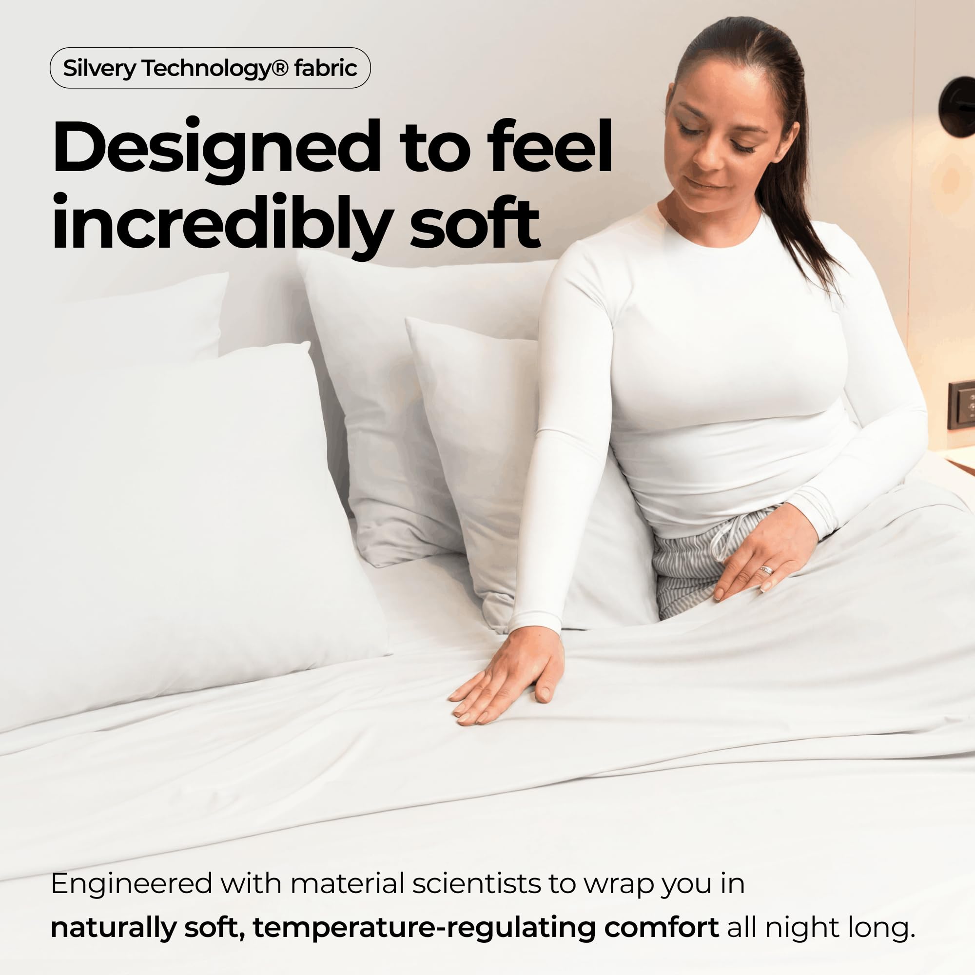 Silvery fitted sheet deep pocket on mattress showing secure fit