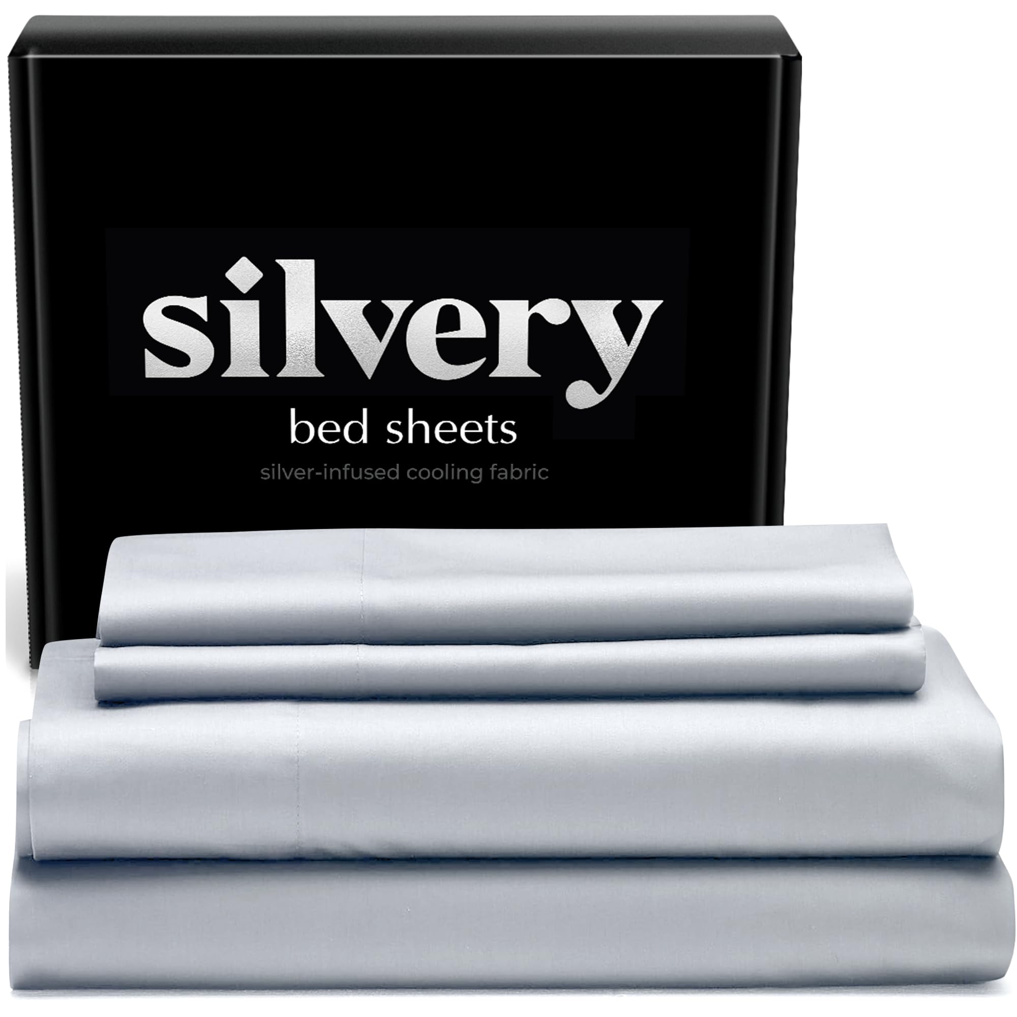 Silvery front packaging showing gray queen set and modern design benefits