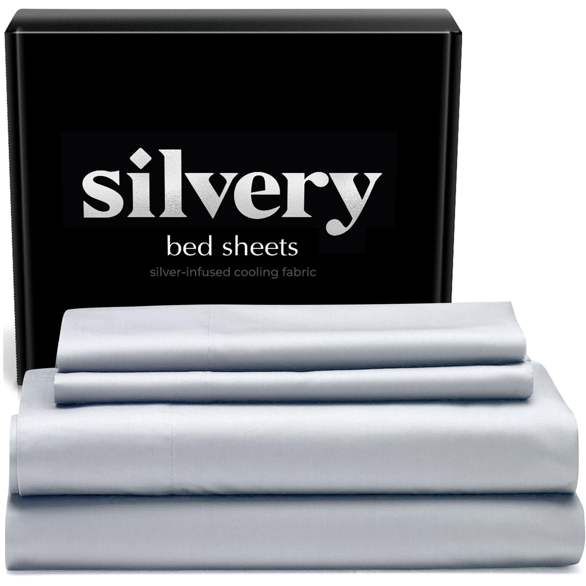 Silvery front packaging showing gray queen set and modern design benefits