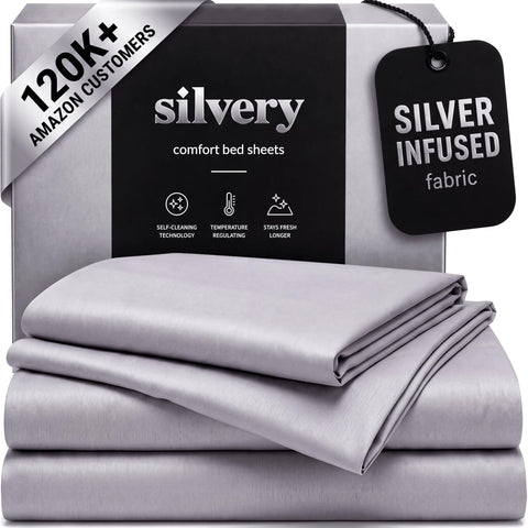 Silvery front packaging showing full sheet set and clean presentation benefit