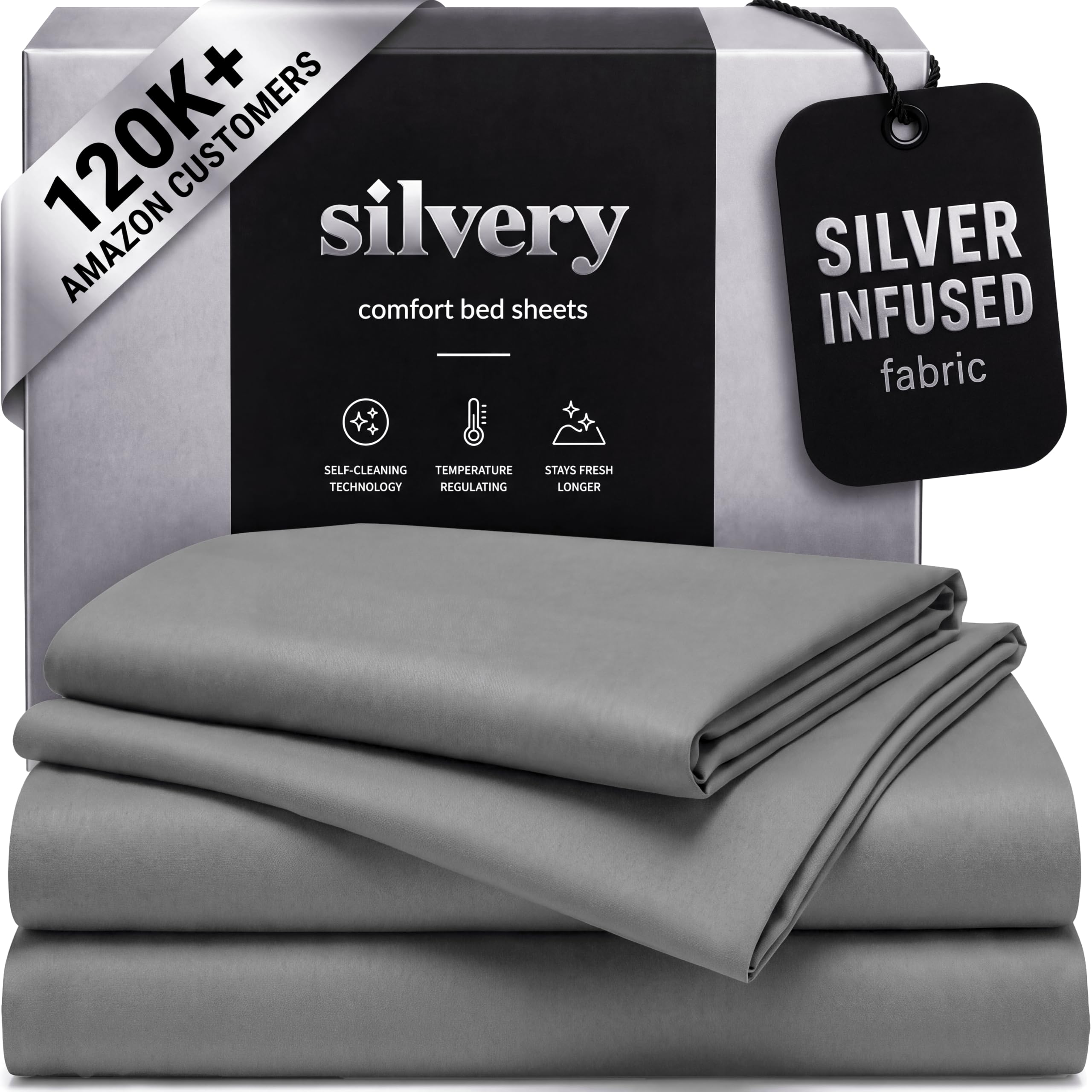 Silvery front packaging showing whole sheet set and benefits