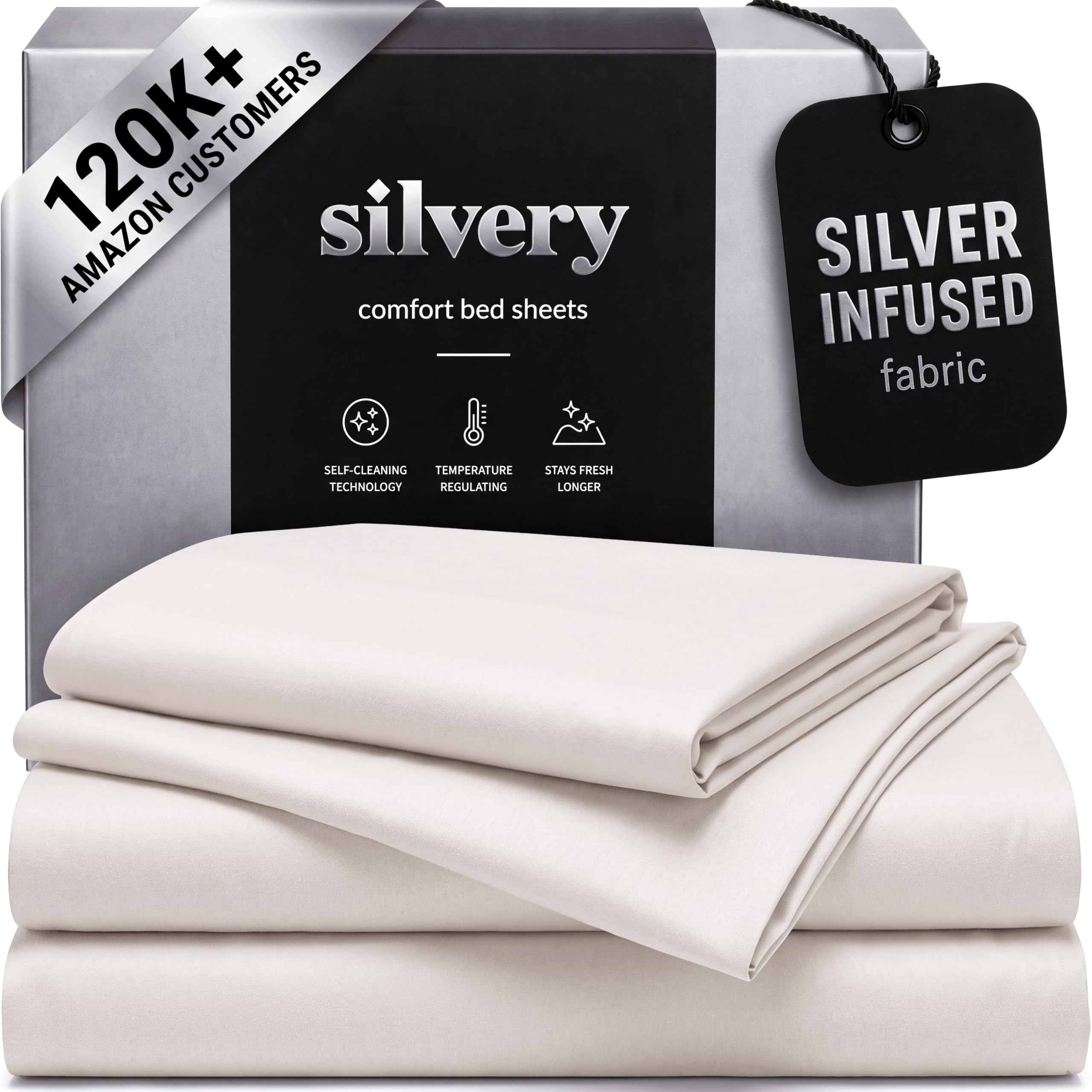 Silvery front packaging showing sheet set and freshness benefit
