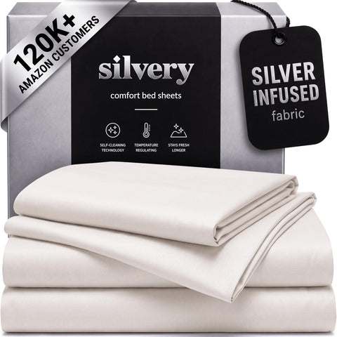 Silvery front packaging showing sheet set and freshness benefit