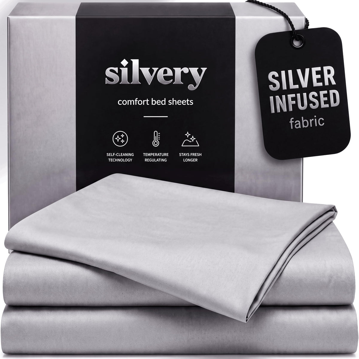 Silvery front packaging showing set and benefits - premium presentation and freshness