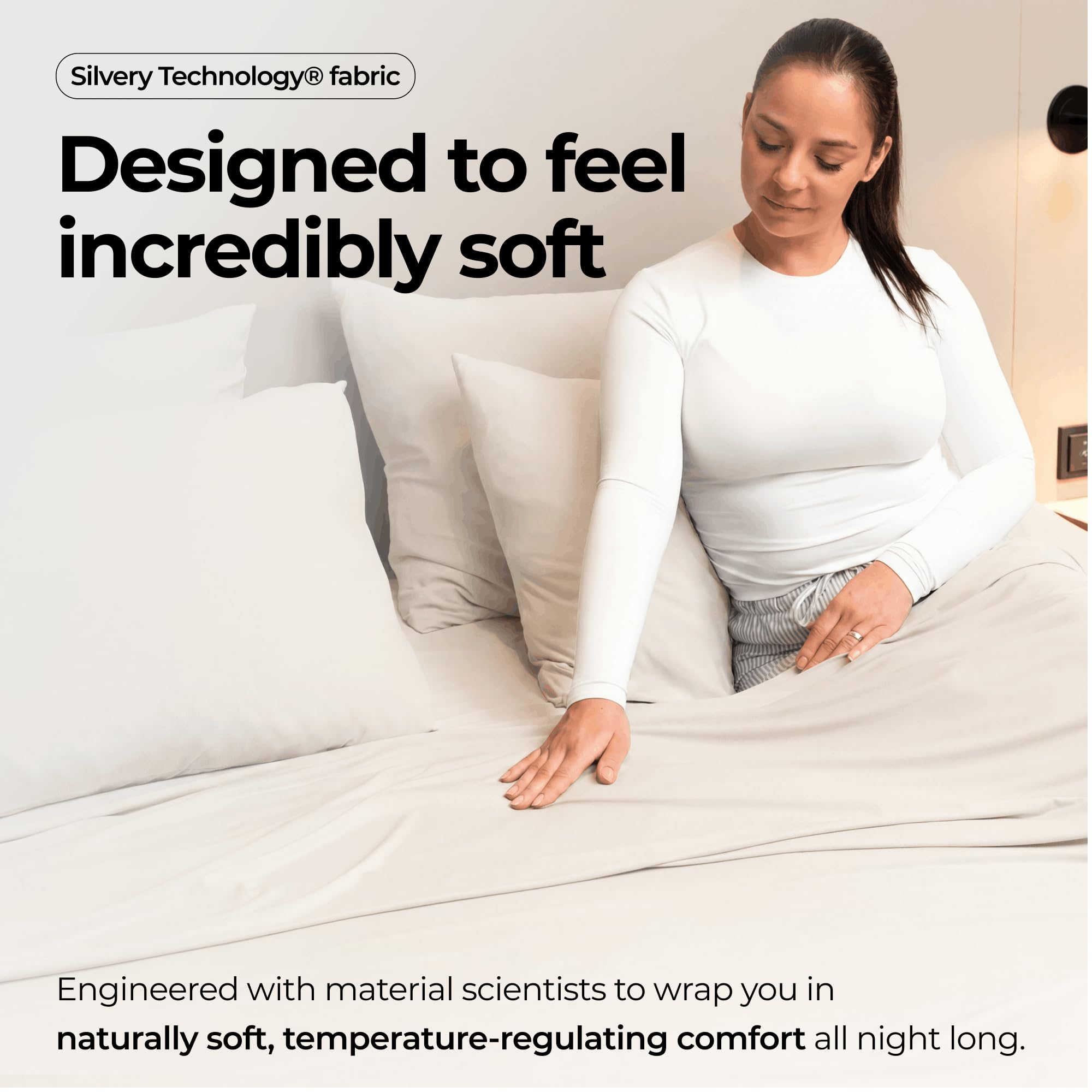 Silvery sheet on queen bed in styled room showing clean, calming sleep