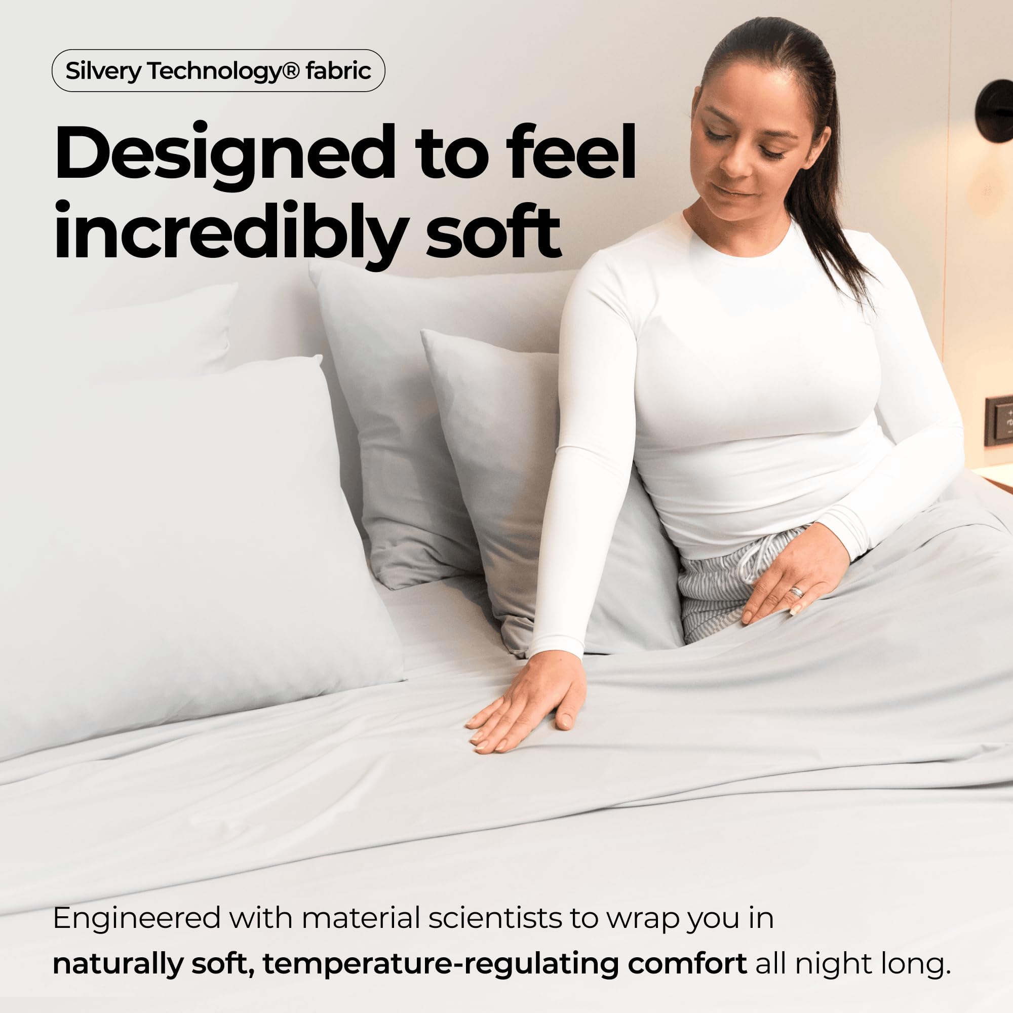 Silvery technology label highlighting silver-infused yarn - visible performance feature