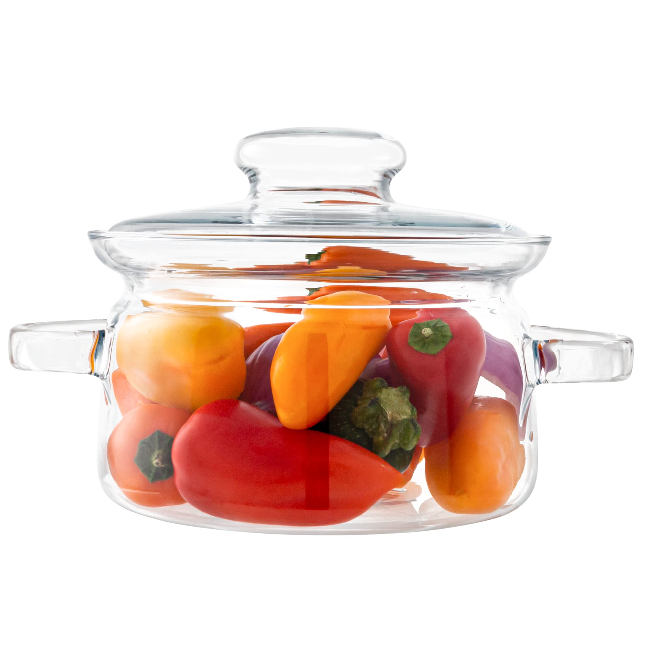 SIMAX front view of 48 oz saucepan showing clear glass and lid benefit of visible cooking