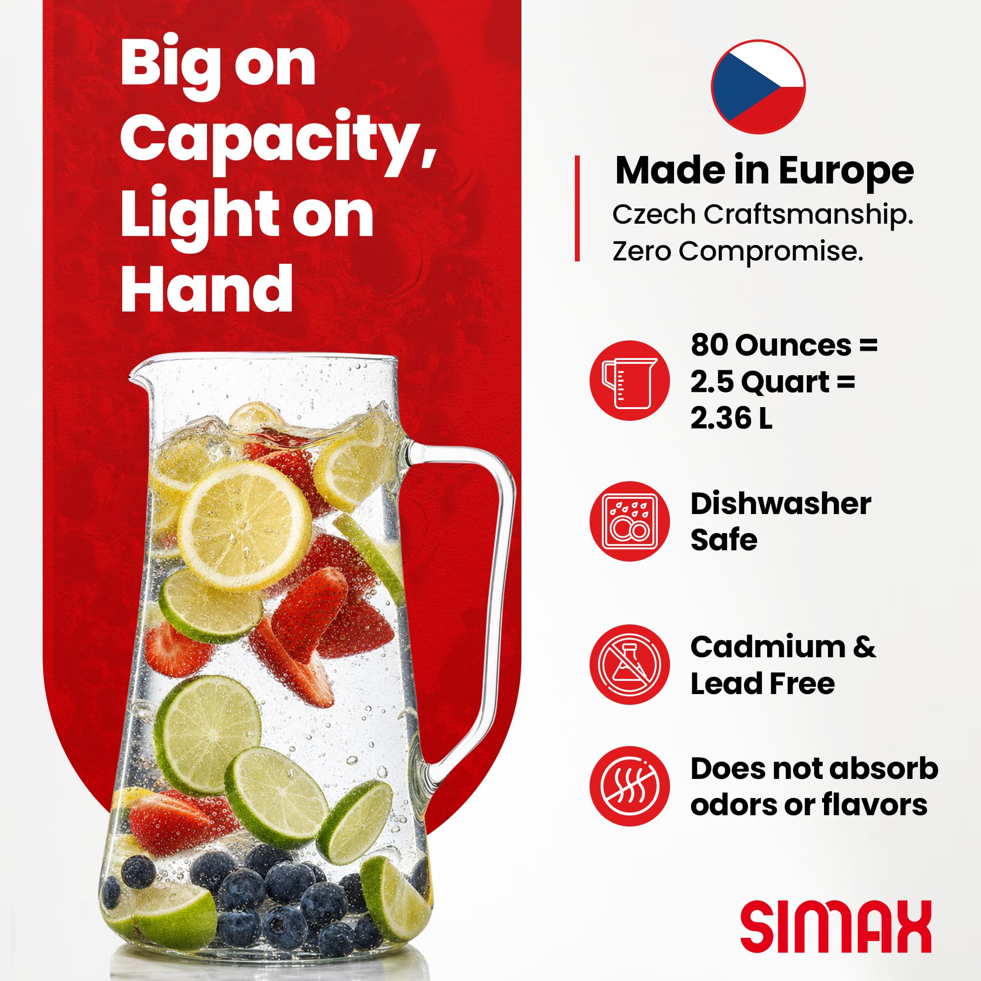 SIMAX pitcher filled with iced tea showing clarity and beverage presentation