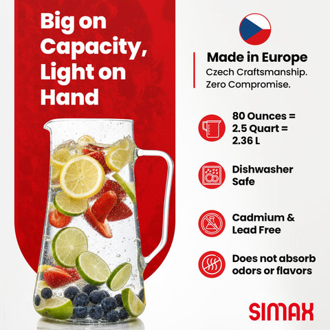 SIMAX pitcher filled with iced tea showing clarity and beverage presentation