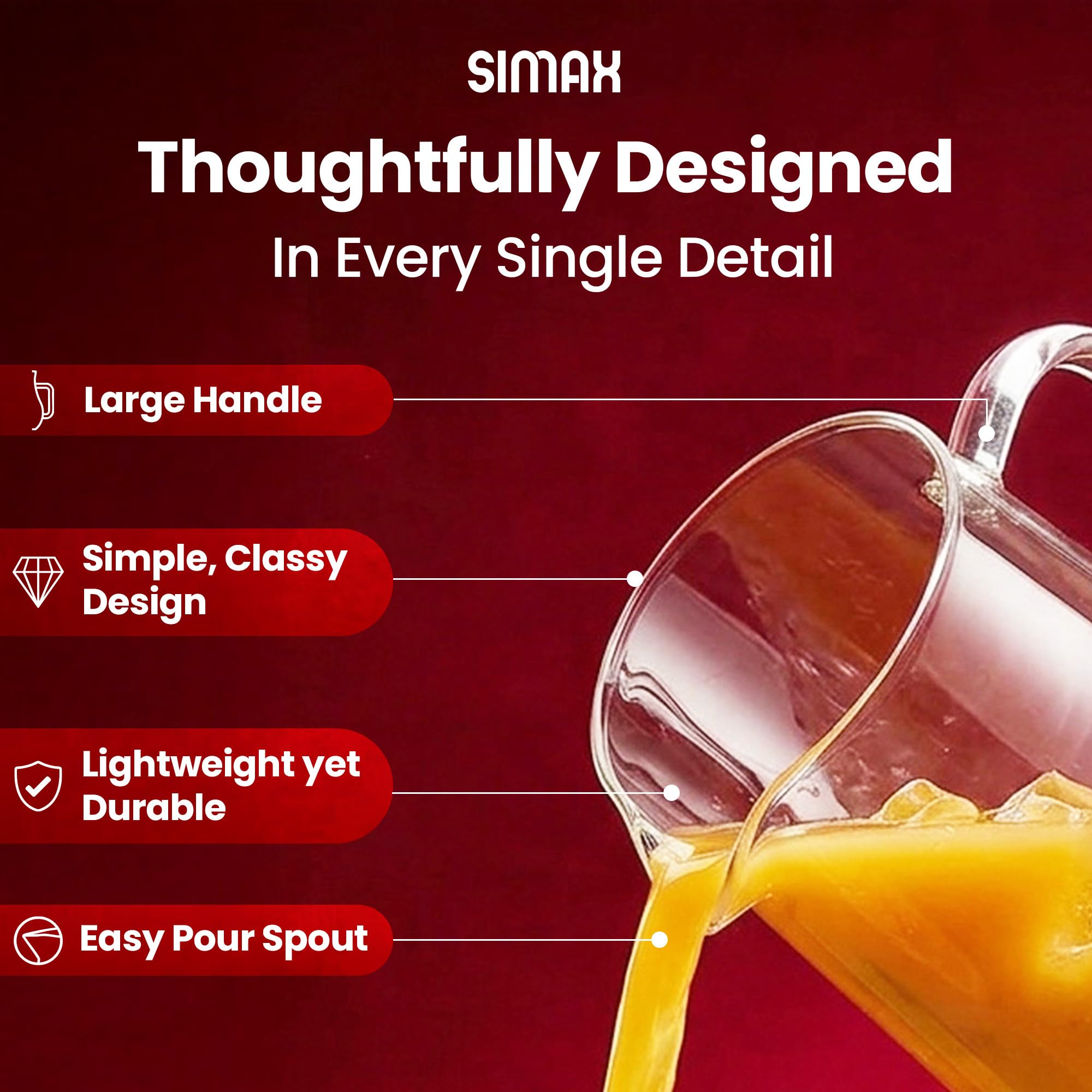 SIMAX pitcher beside a glass for scale showing 80 ounce capacity visibility