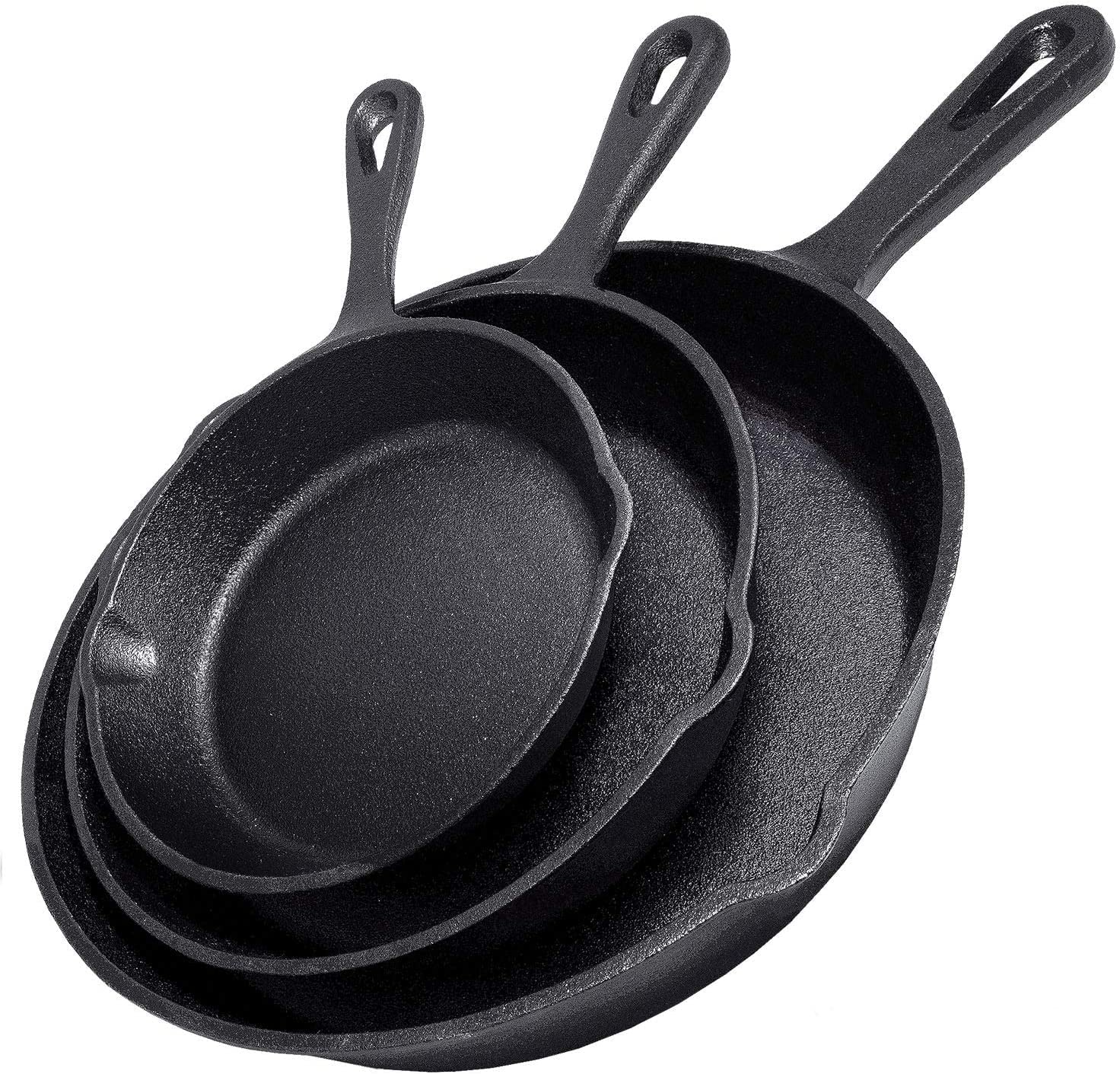 Simple Chef front view of three-piece skillet set showing cookware and included cookbook benefit