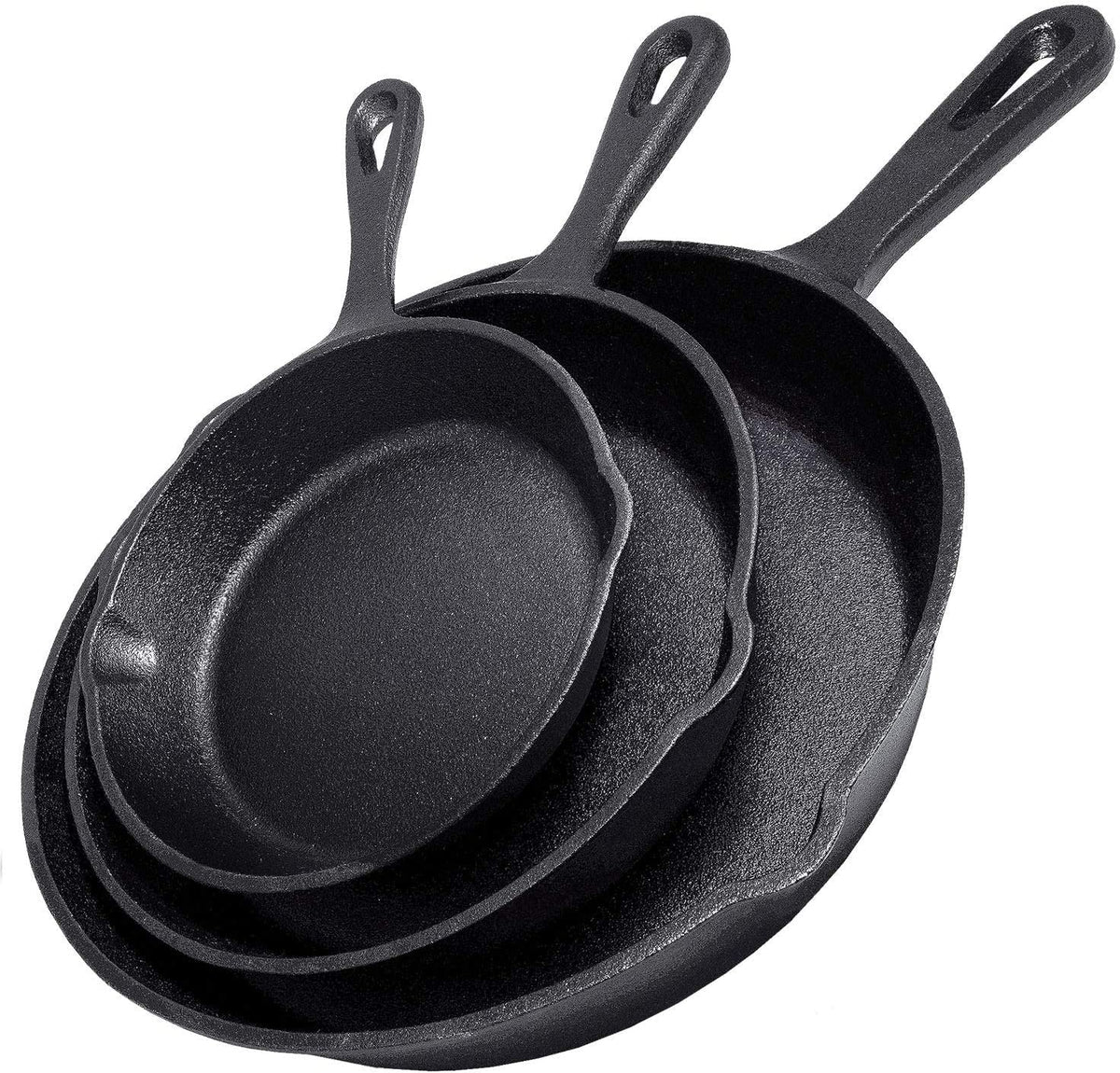 Simple Chef front view of three-piece skillet set showing cookware and included cookbook benefit