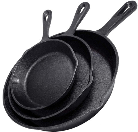 Simple Chef front view of three-piece skillet set showing cookware and included cookbook benefit