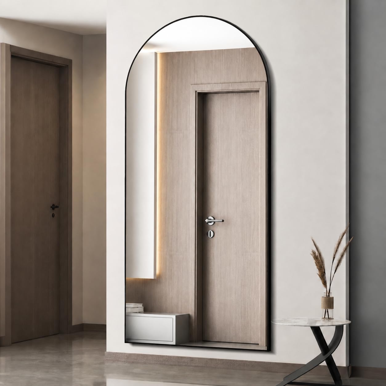 Simple Deluxe front view of arched full-length mirror showing full reflection benefit