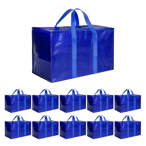 Simple Deluxe front view of blue 10-pack moving bags showing quantity and lids, easy storage