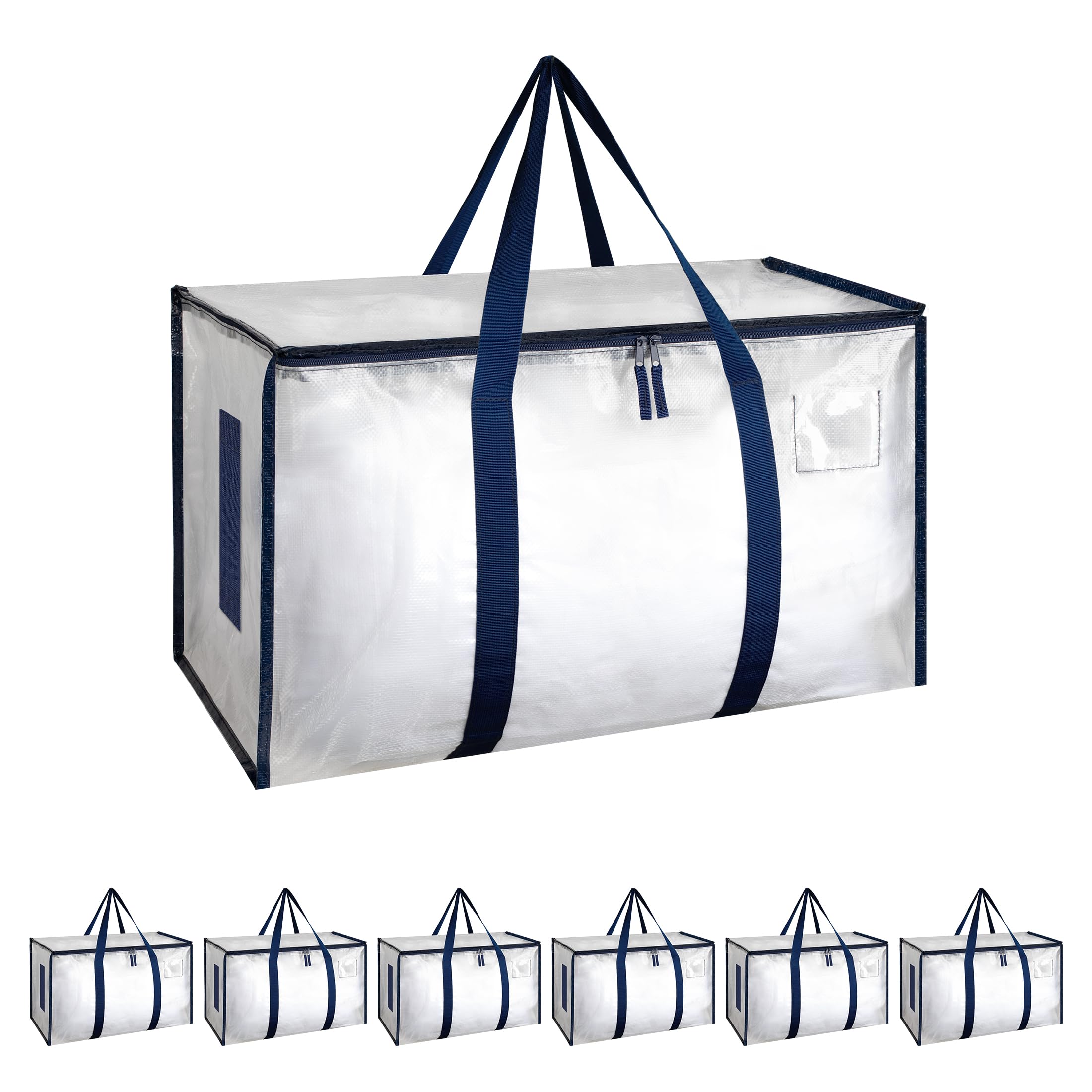 Simple Deluxe front view showing six white moving bags and lids, durable storage solution