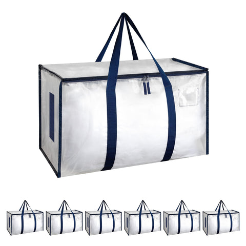 Simple Deluxe front view showing six white moving bags and lids, durable storage solution