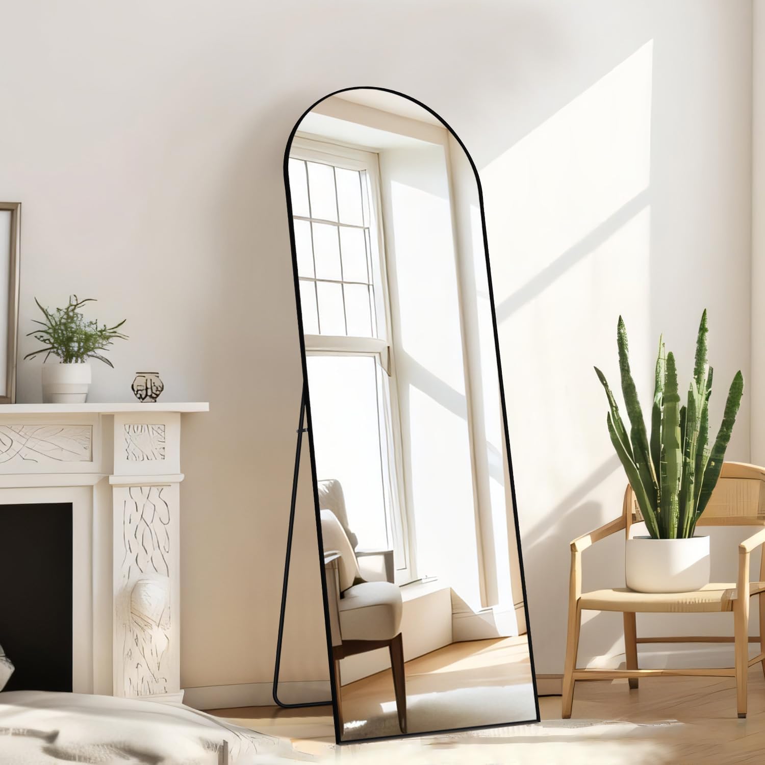 Simple Deluxe front view of arched full-length mirror improving room light