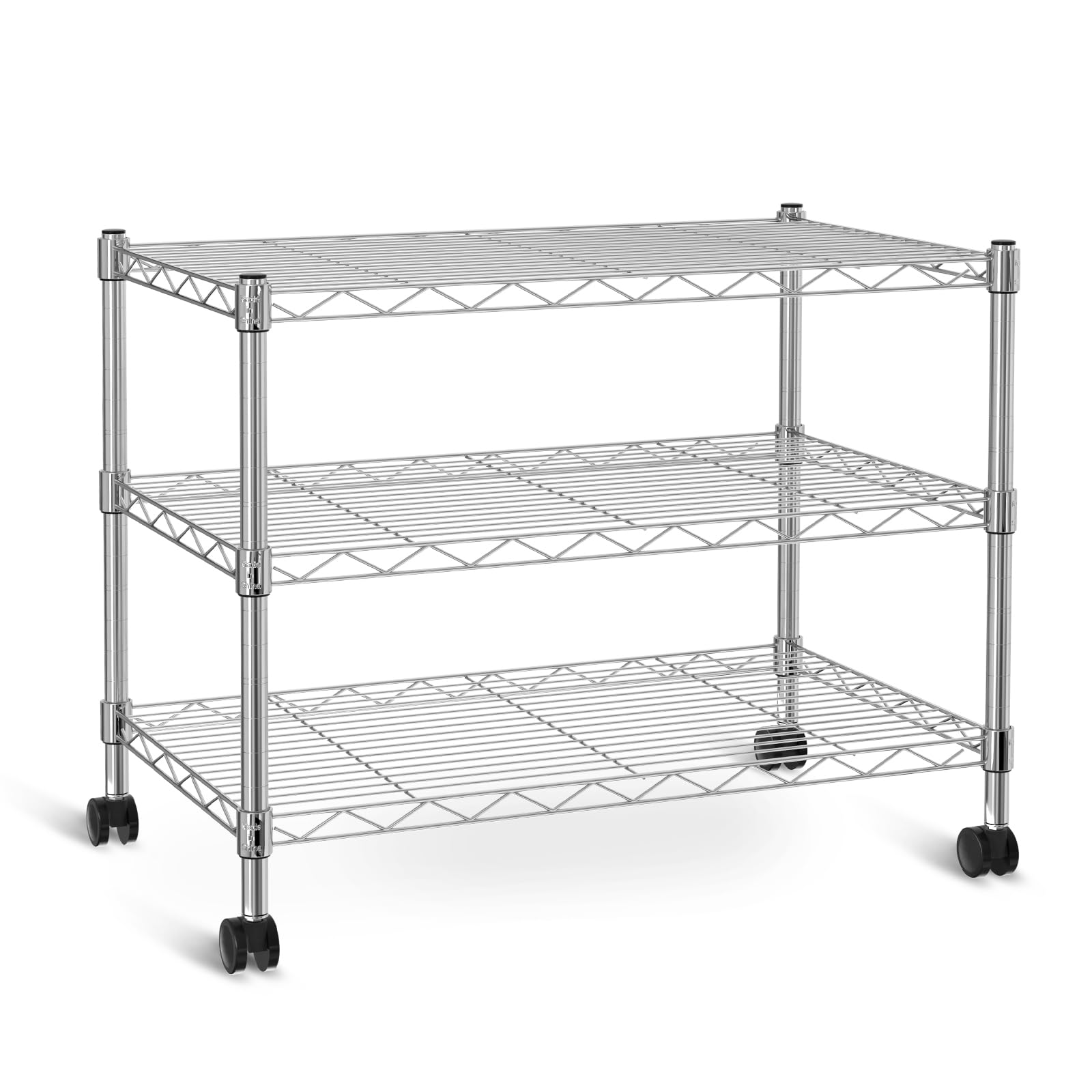 Simple Deluxe front view of chrome shelving showing compact footprint and sturdy tiers