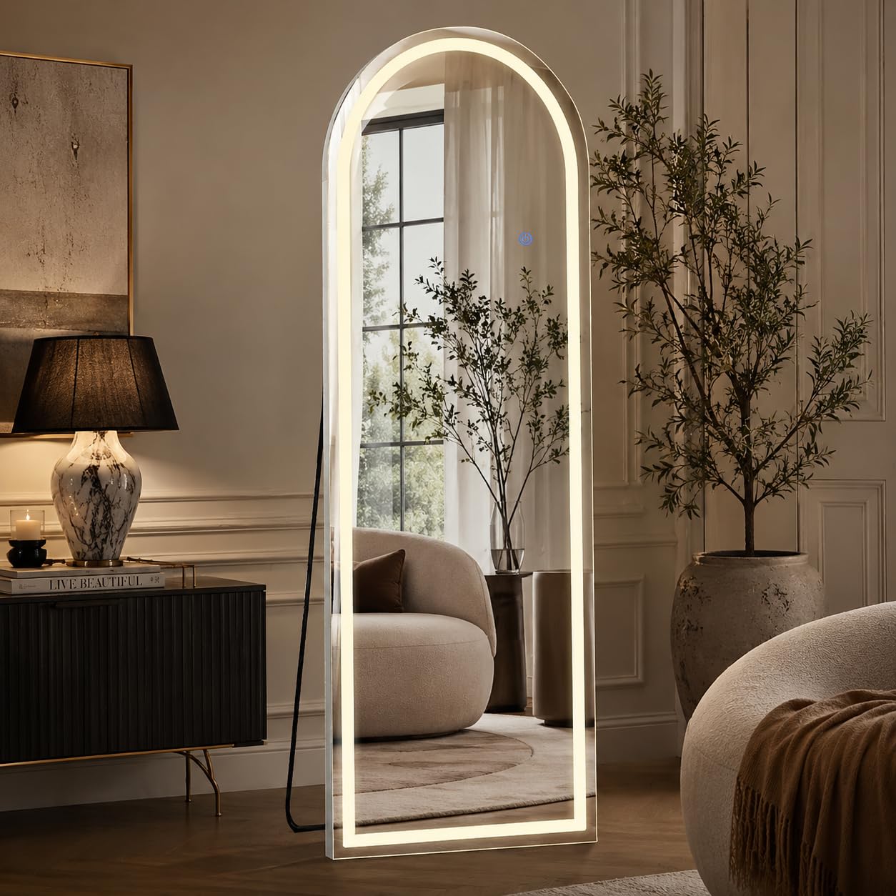 Simple Deluxe front view full-length mirror showing bright even lighting benefit