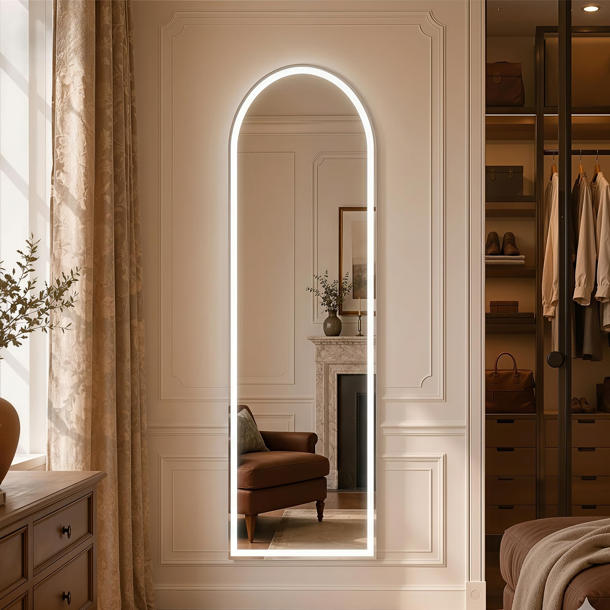 Simple Deluxe mirror placed in bedroom setting creating improved dressing area lighting