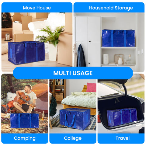 Simple Deluxe moving bags in a living room on moving day, organized and easy-to-carry