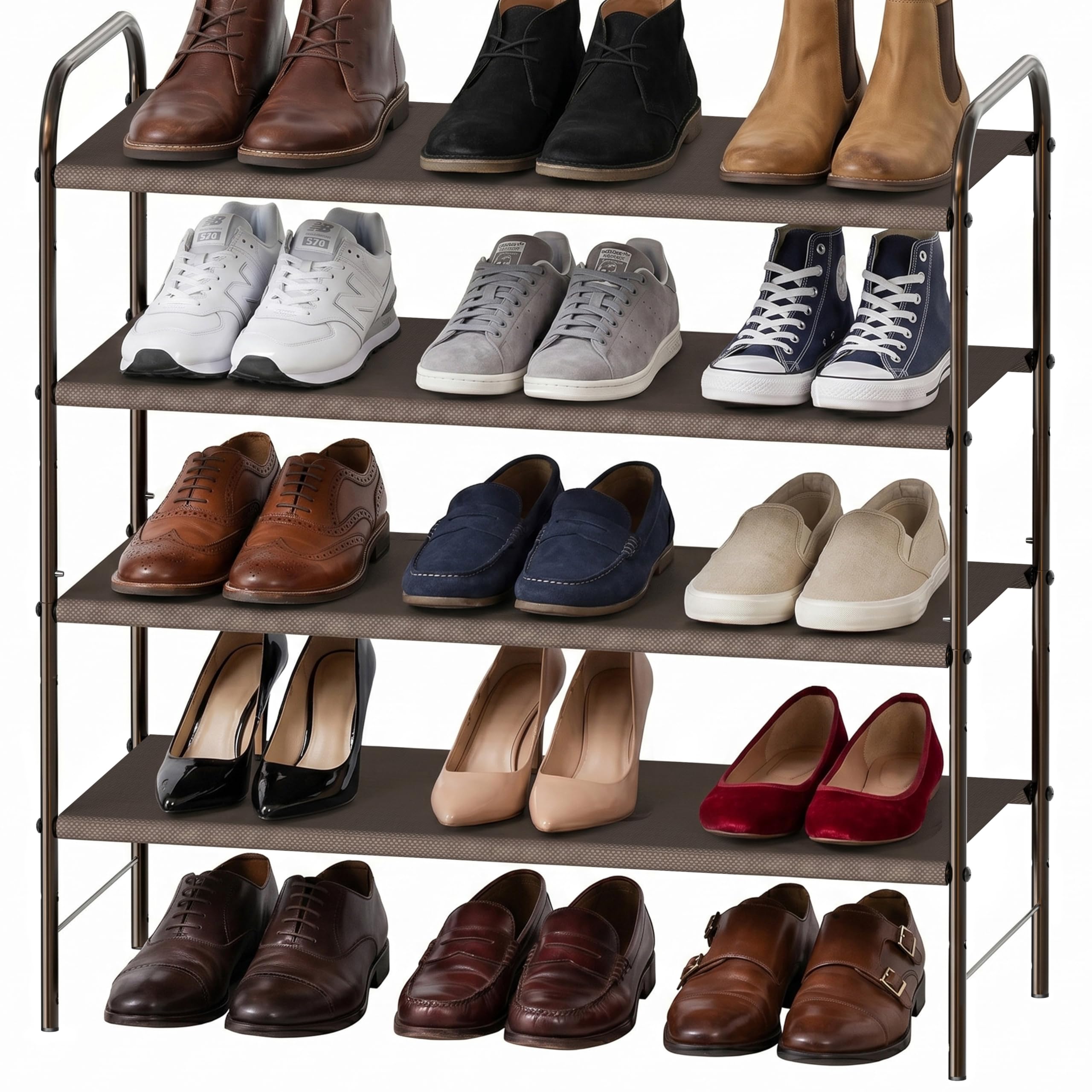 Simple Houseware front view of 4-tier shoe rack showing organized footwear and compact storage benefit