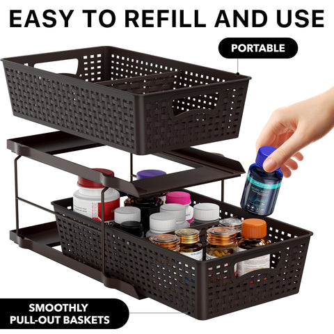 Two removable baskets from Simple Houseware shown lifted out for easy refilling and carrying