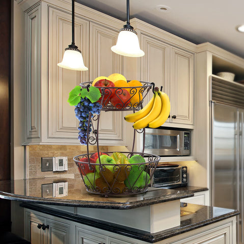 Simple Houseware two-tier bowl on countertop with fruit shows accessible, tidy display