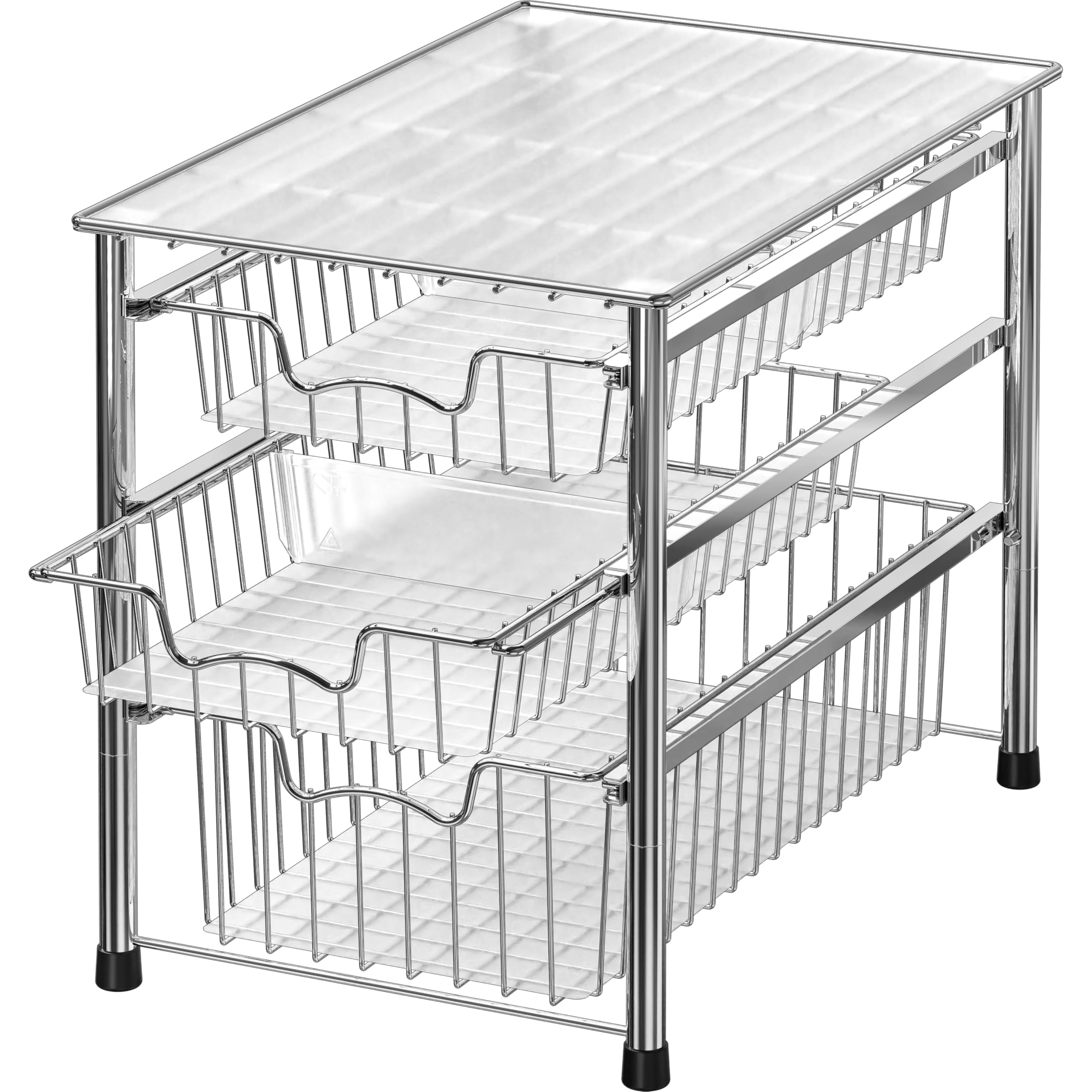 Simple Houseware front view showing three chrome sliding baskets and neat storage