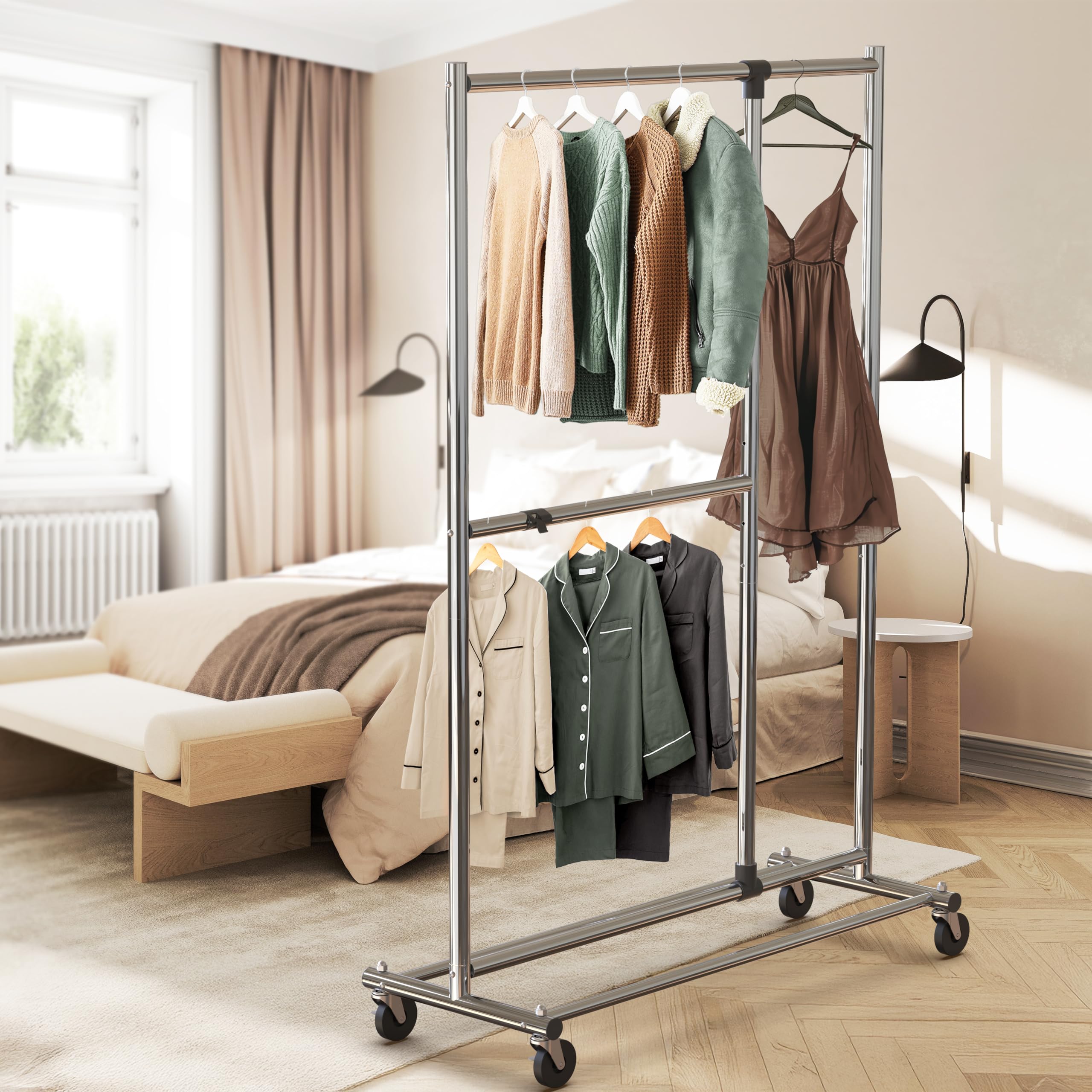 Simple Houseware middle bar extended to show adjustable width accommodating bulkier coats and more hangers