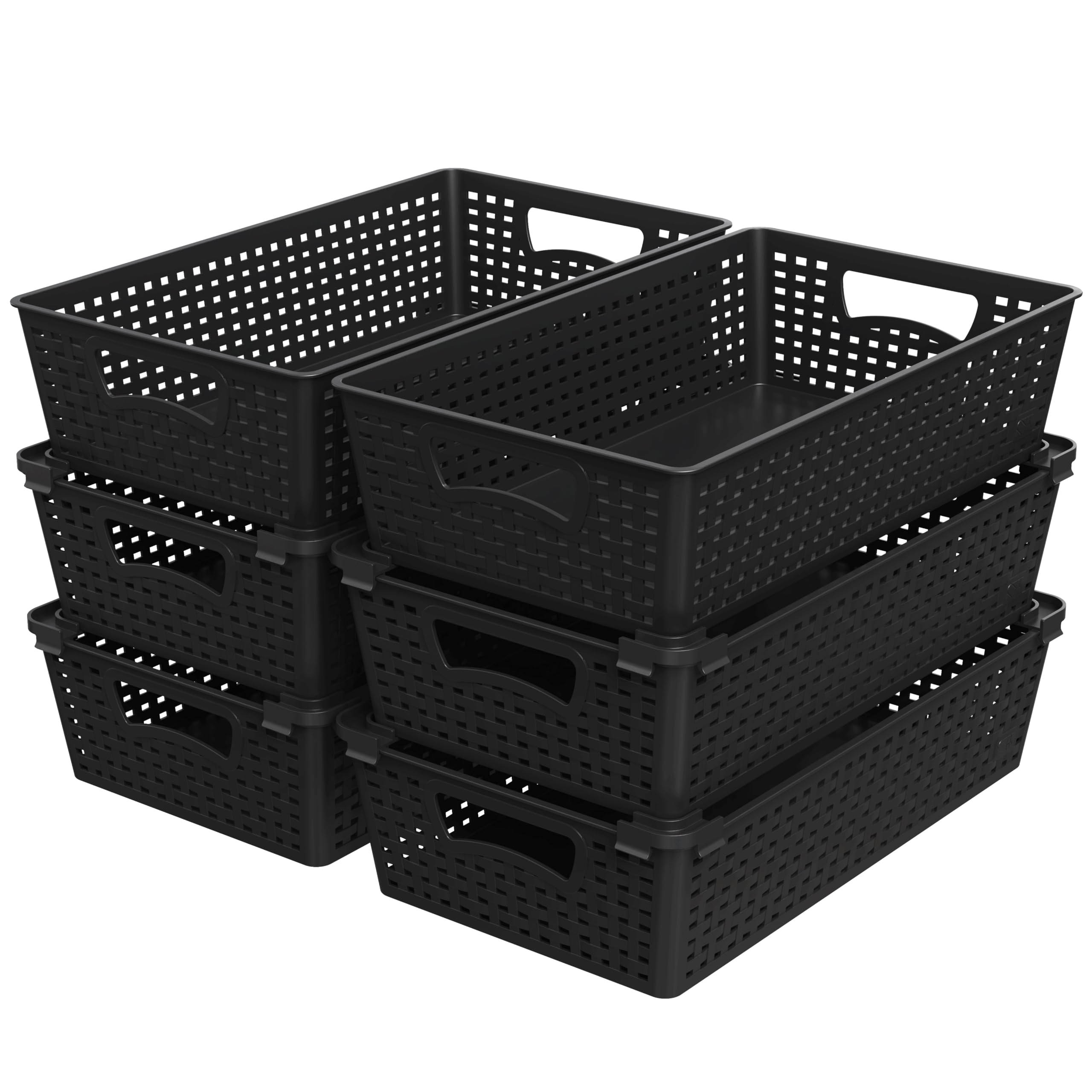 Simple Houseware front view of six black woven baskets showing uniform storage