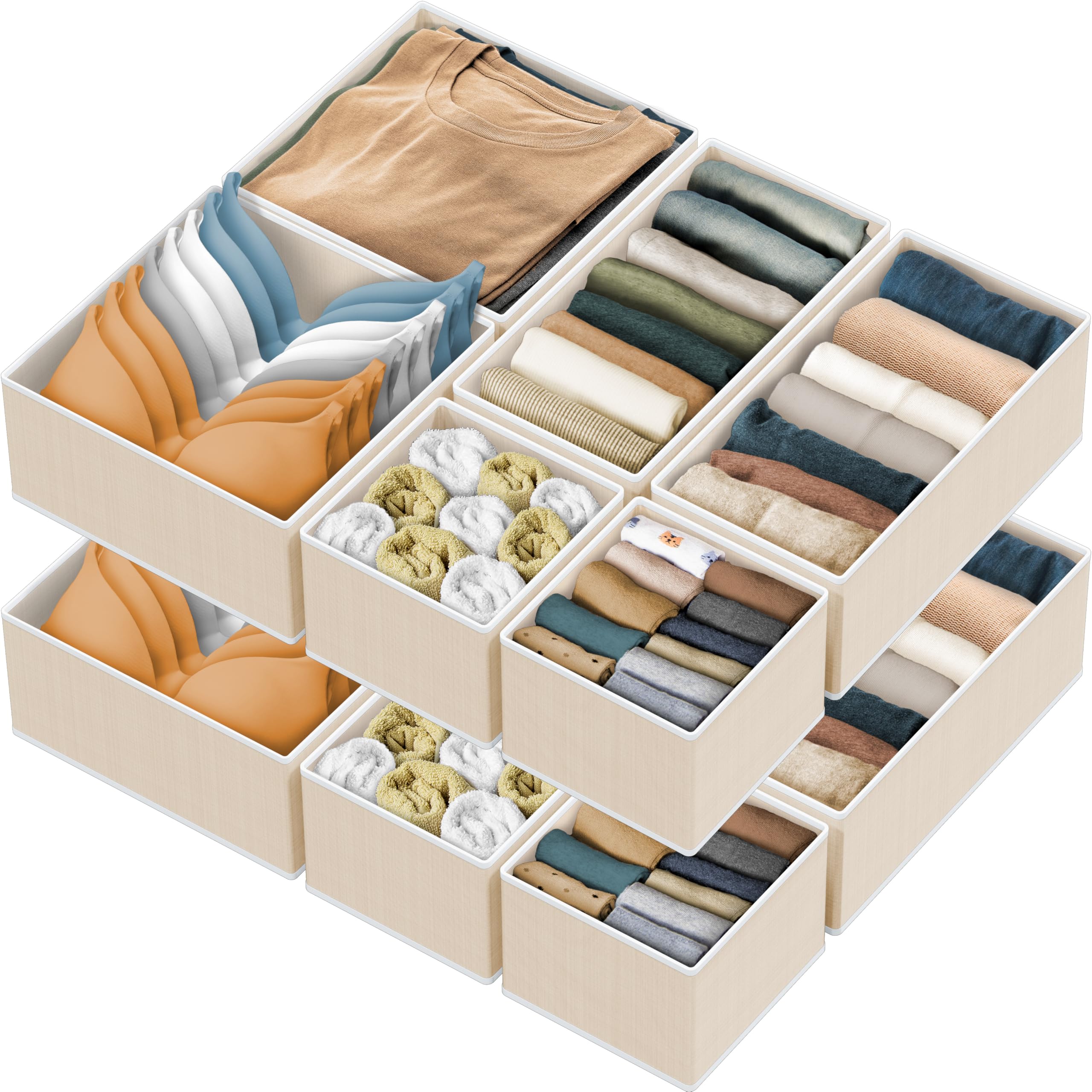 Simple Houseware front pack of 12 beige foldable bins showing contents and neat appeal