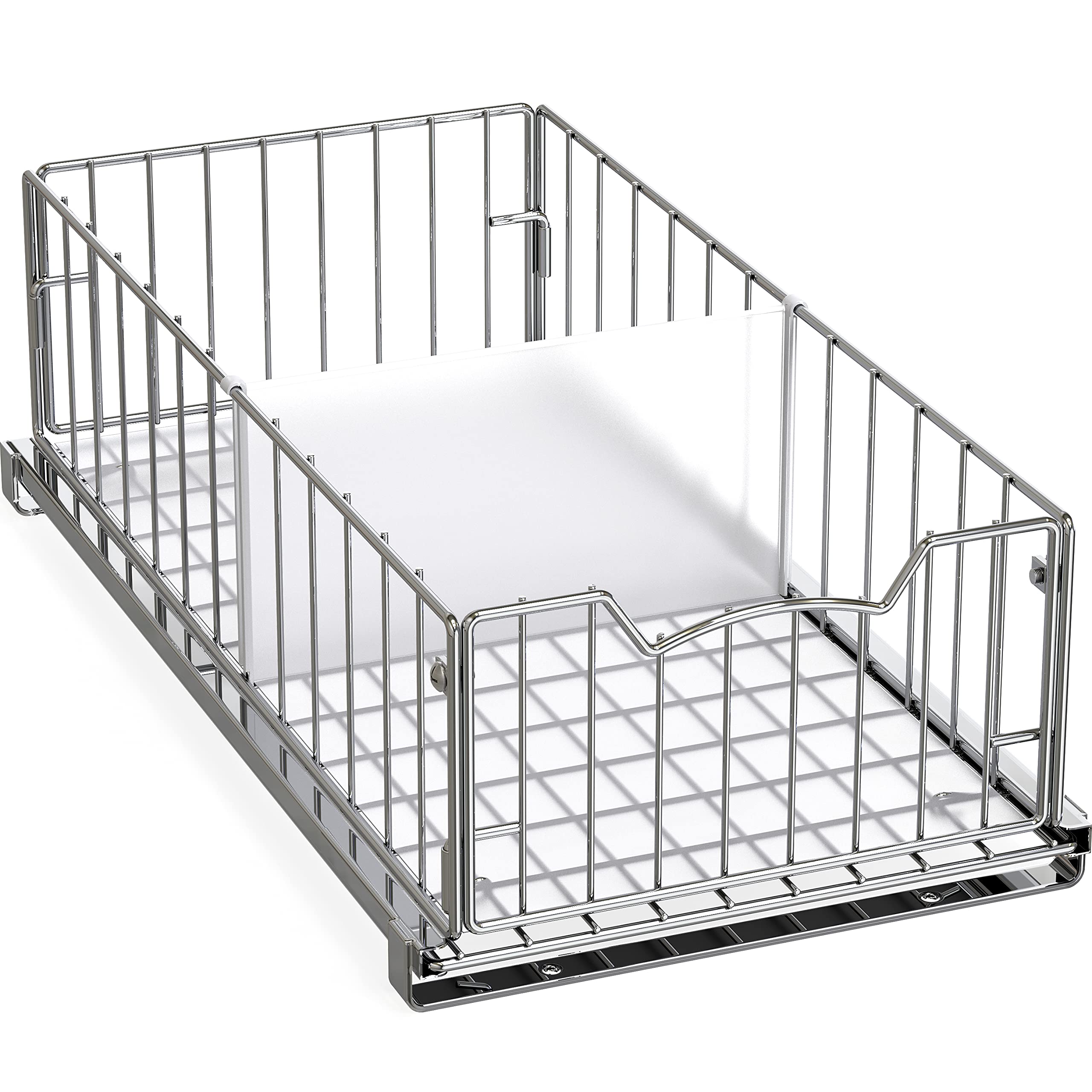 Simple Houseware chrome front view showing compact sliding basket and handle benefit of visibility