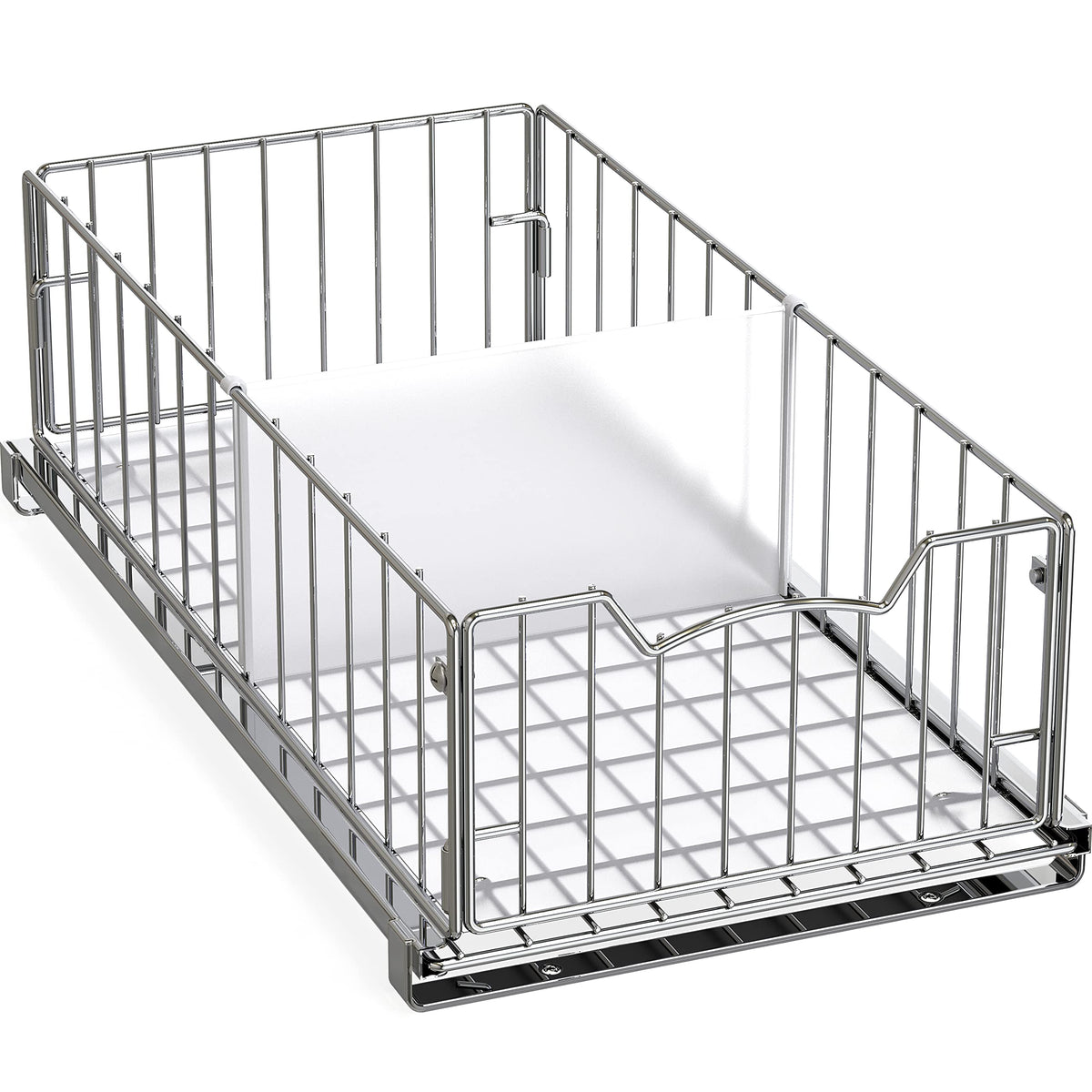 Simple Houseware chrome front view showing compact sliding basket and handle benefit of visibility