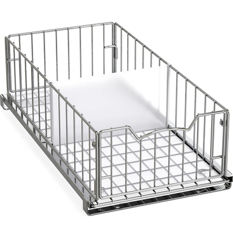 Simple Houseware chrome front view showing compact sliding basket and handle benefit of visibility