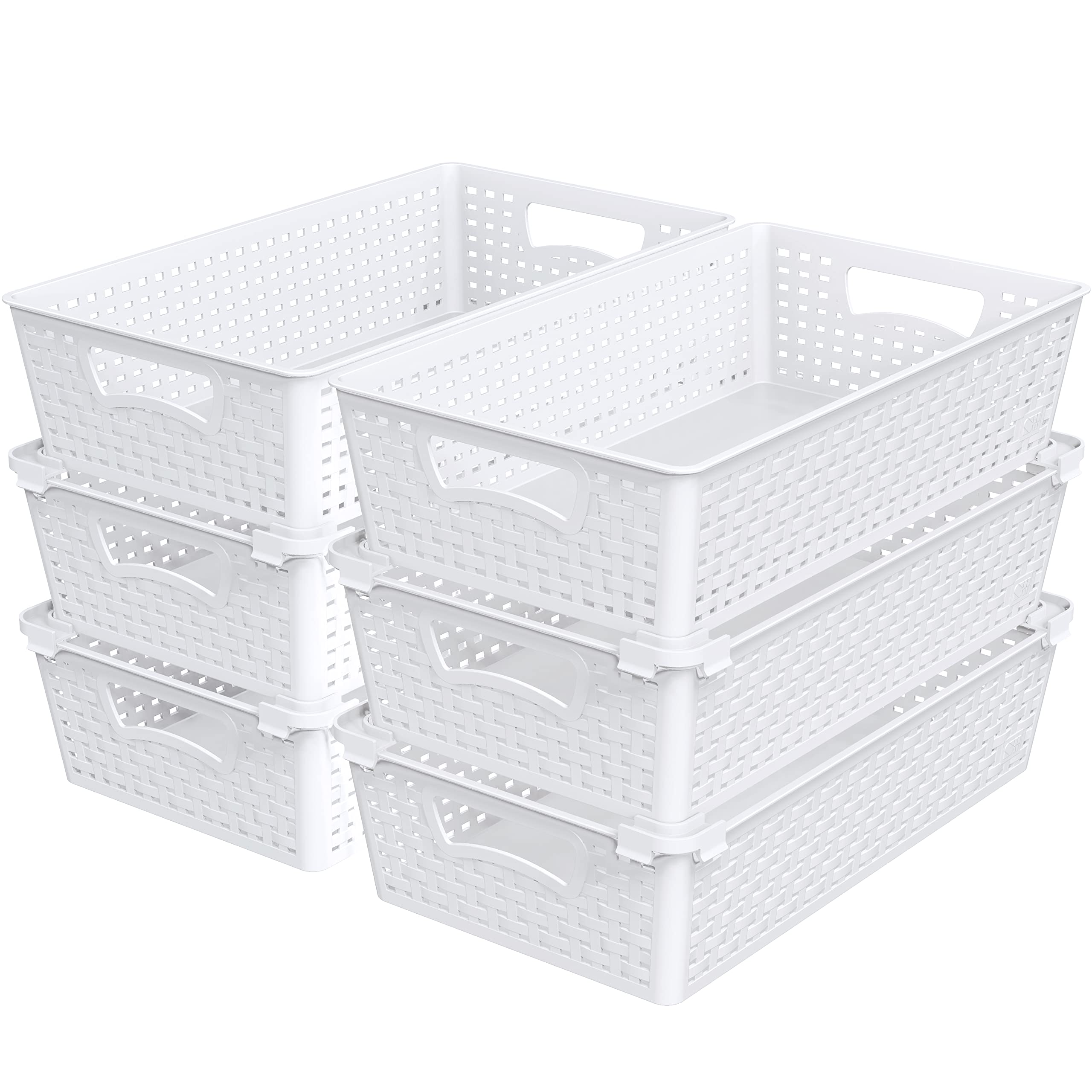 Simple Houseware front view of six white stackable baskets showing neat storage