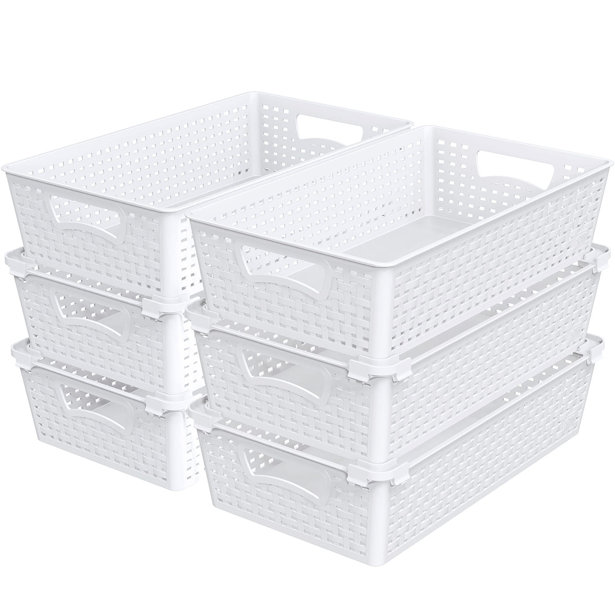 Simple Houseware front view of six white stackable baskets showing neat storage