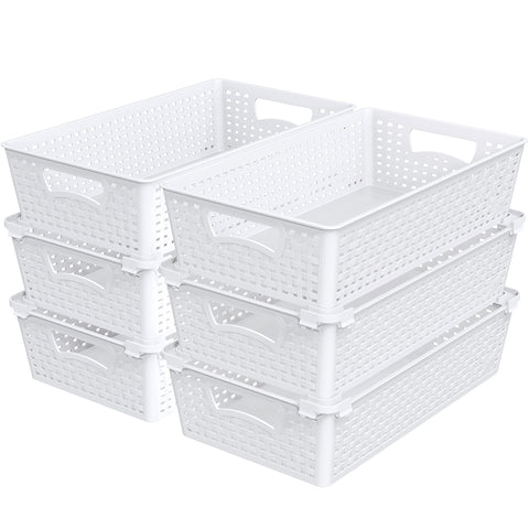Simple Houseware front view of six white stackable baskets showing neat storage