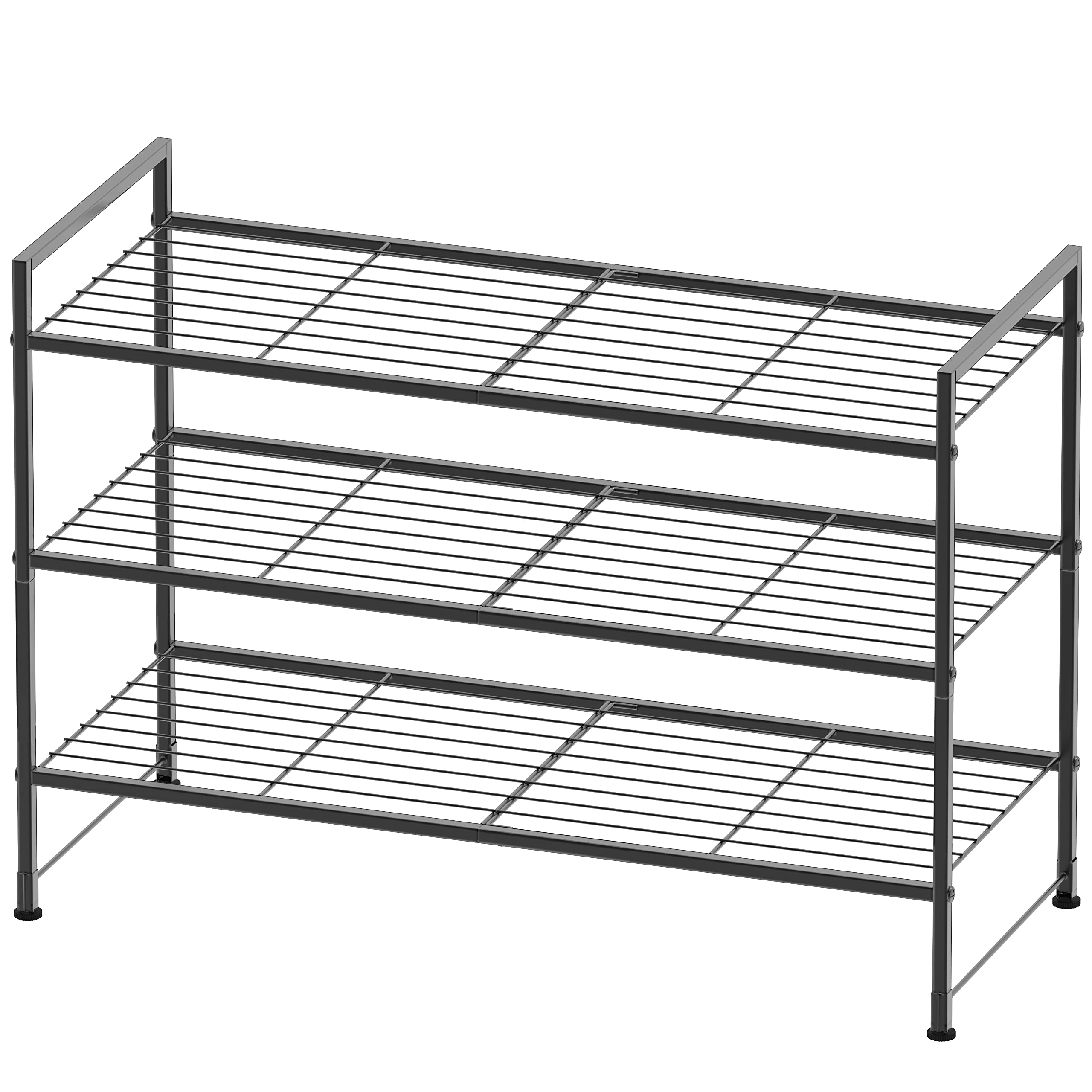 Simple Houseware front view 3-tier rack showing organized shoes and slim profile