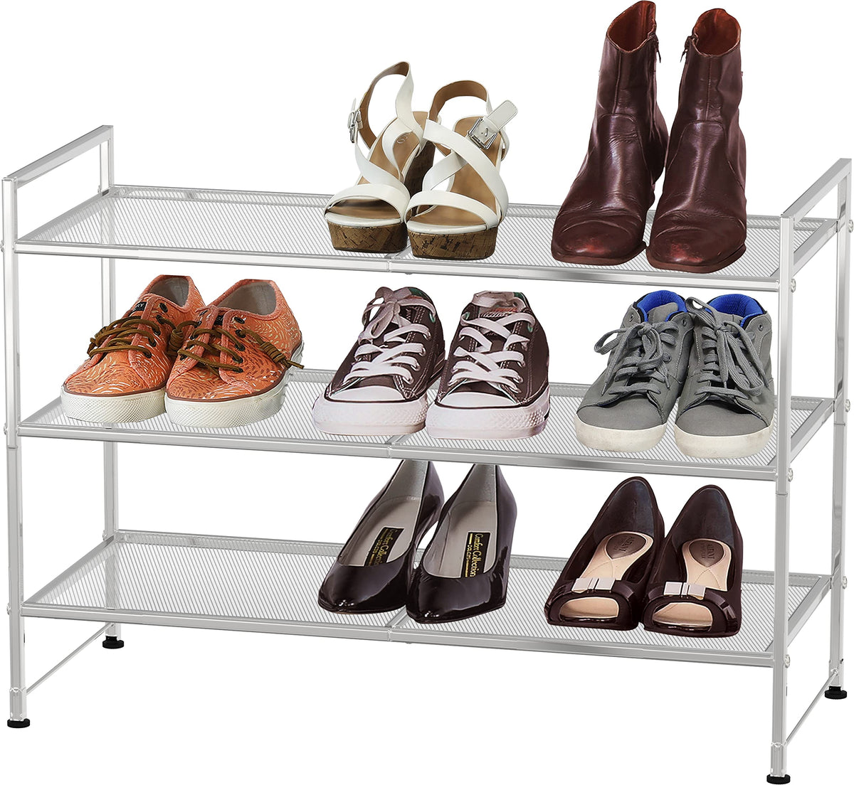 Simple Houseware front view three-tier shoe rack shows tidy storage benefit