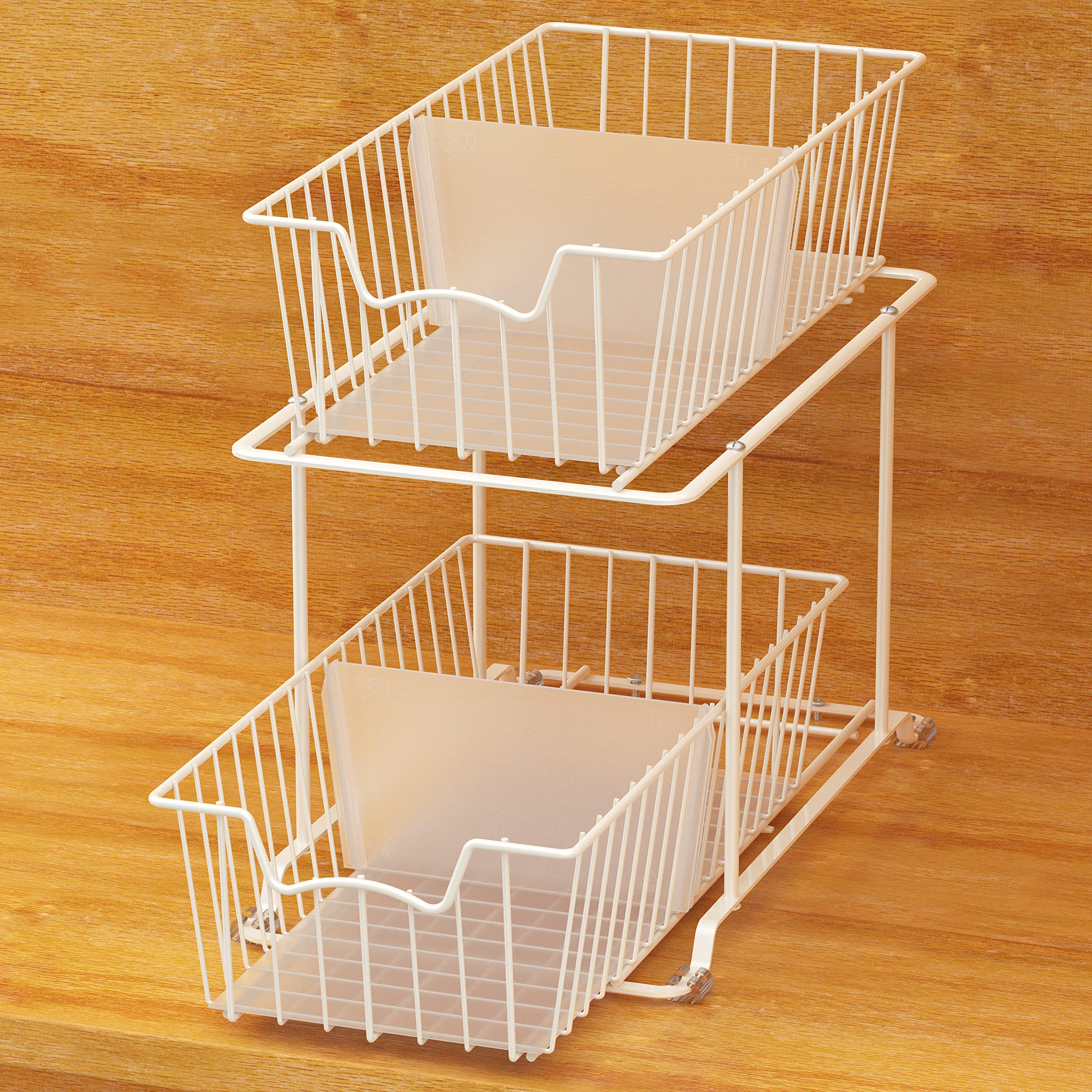 Simple Houseware front view of white two-tier cabinet organizer showing structure and accessibility